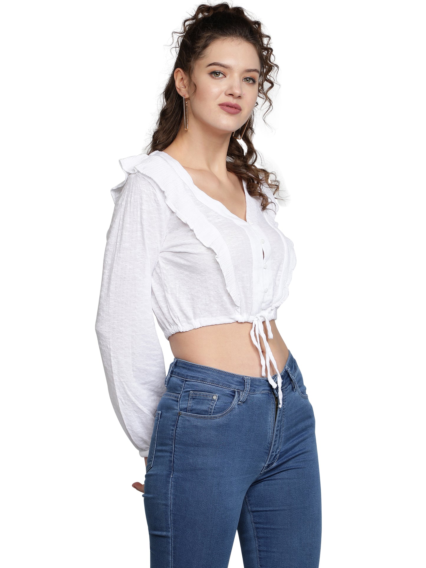 Casual Balloon Sleeve Solid Women White Top