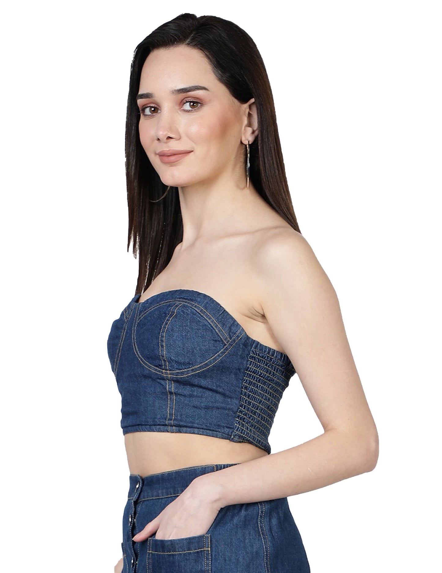 NUEVOSDAMAS Women Western Cotton Denim Bustier Vest Crop Top (Blue)