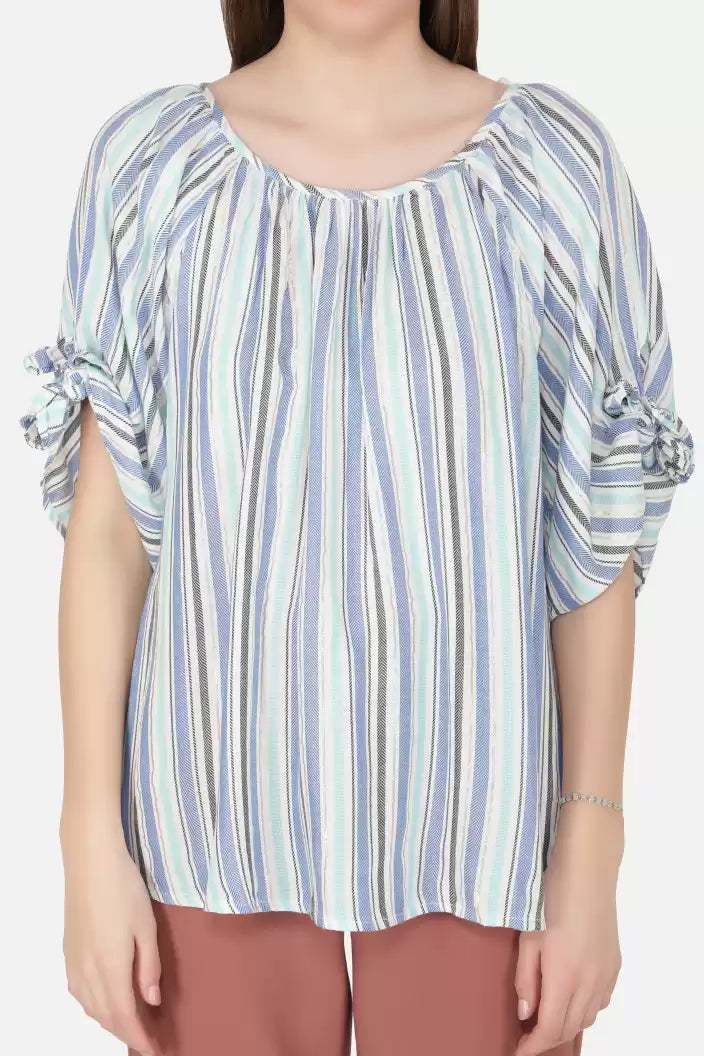 NUEVOSDAMAS Women Western Rayon Multi Stripe Blue Top