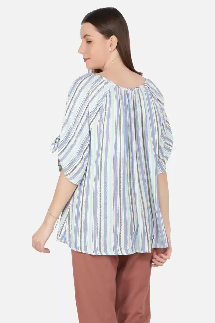 NUEVOSDAMAS Women Western Rayon Multi Stripe Blue Top