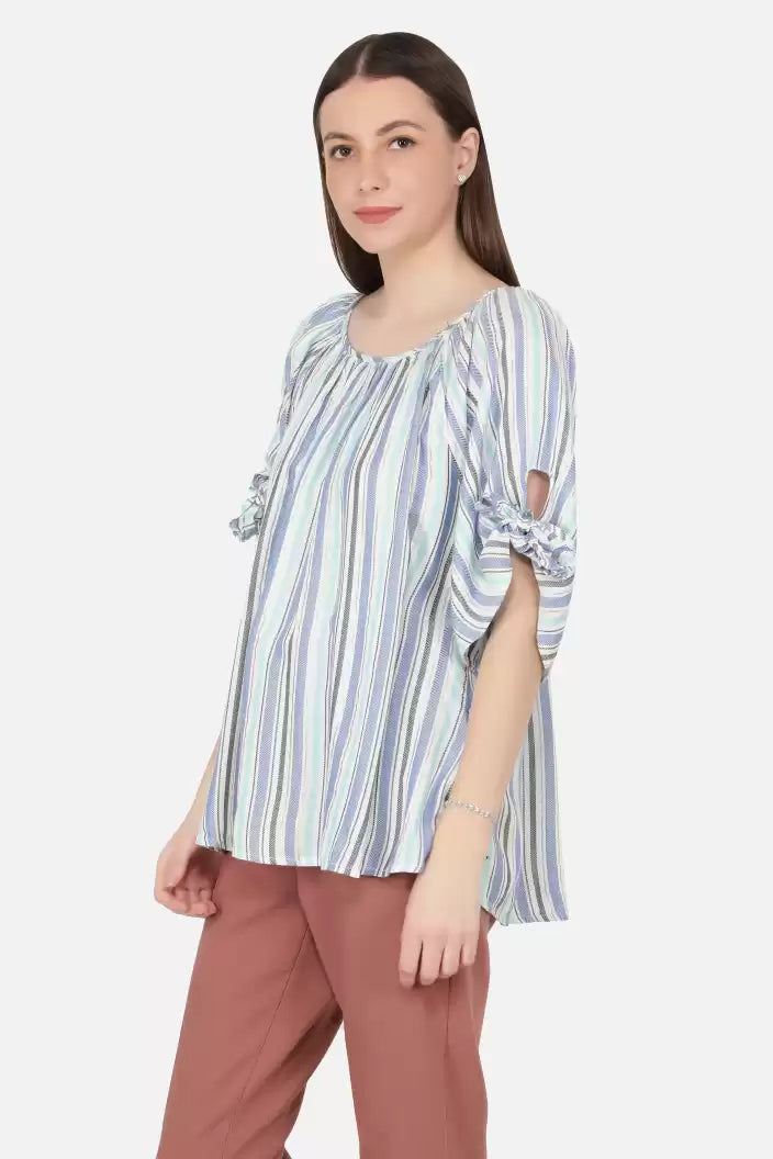 NUEVOSDAMAS Women Western Rayon Multi Stripe Blue Top