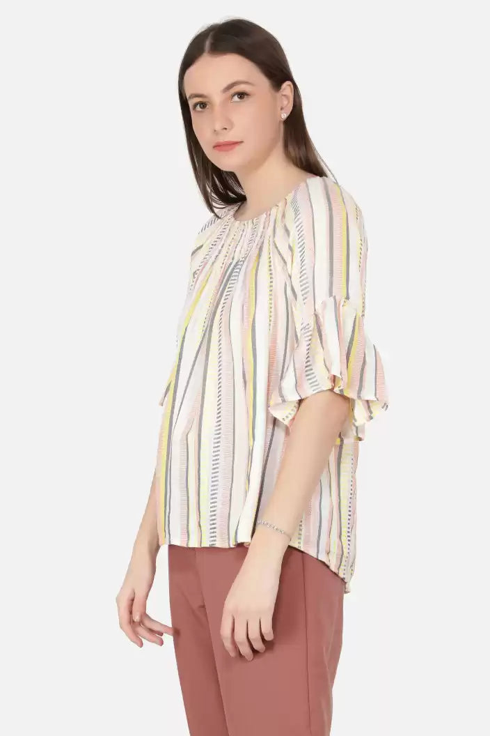 NUEVOSDAMAS Women Western Rayon Multi Stripe Top (Cream)