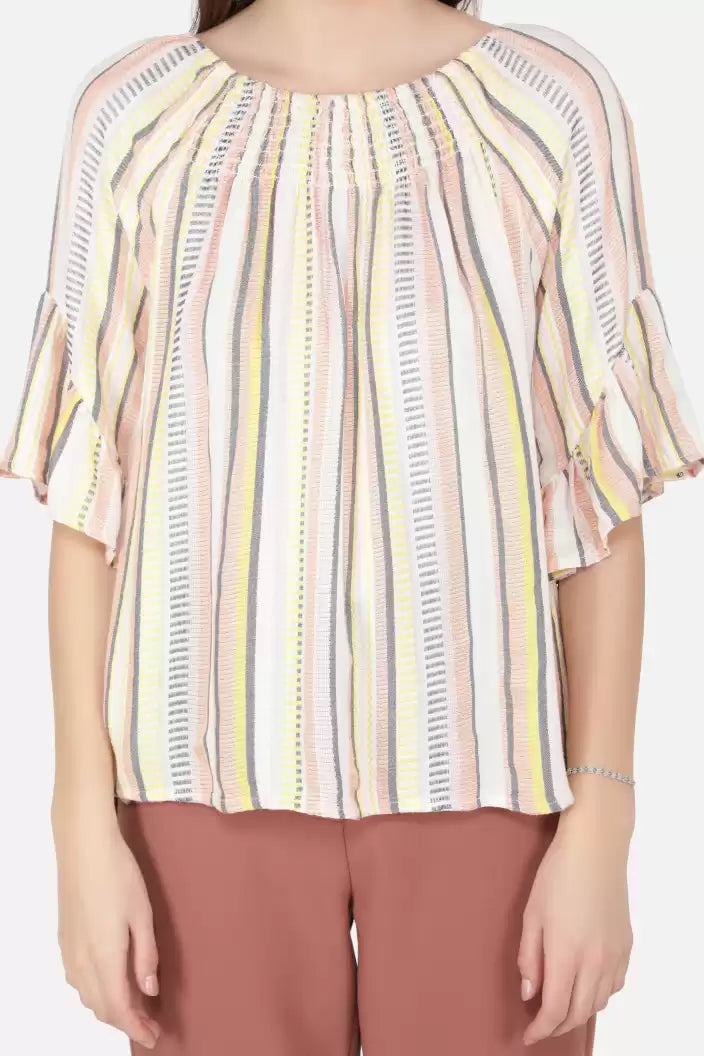 NUEVOSDAMAS Women Western Rayon Multi Stripe Top (Cream)