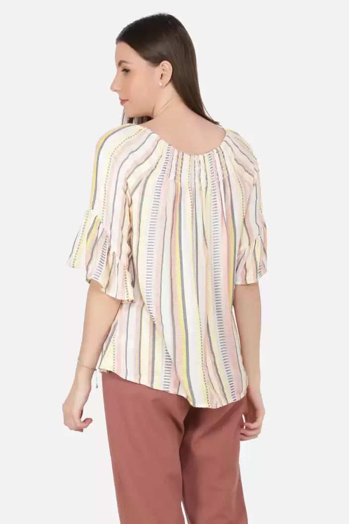 NUEVOSDAMAS Women Western Rayon Multi Stripe Top (Cream)