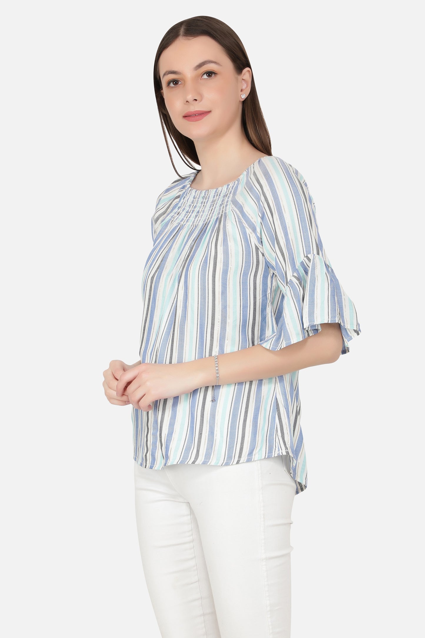 NUEVOSDAMAS Women Western Rayon Multi Stripe Top (Light Blue)