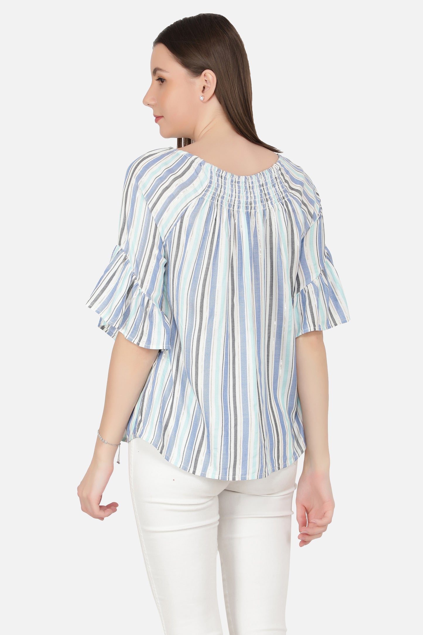 NUEVOSDAMAS Women Western Rayon Multi Stripe Top (Light Blue)