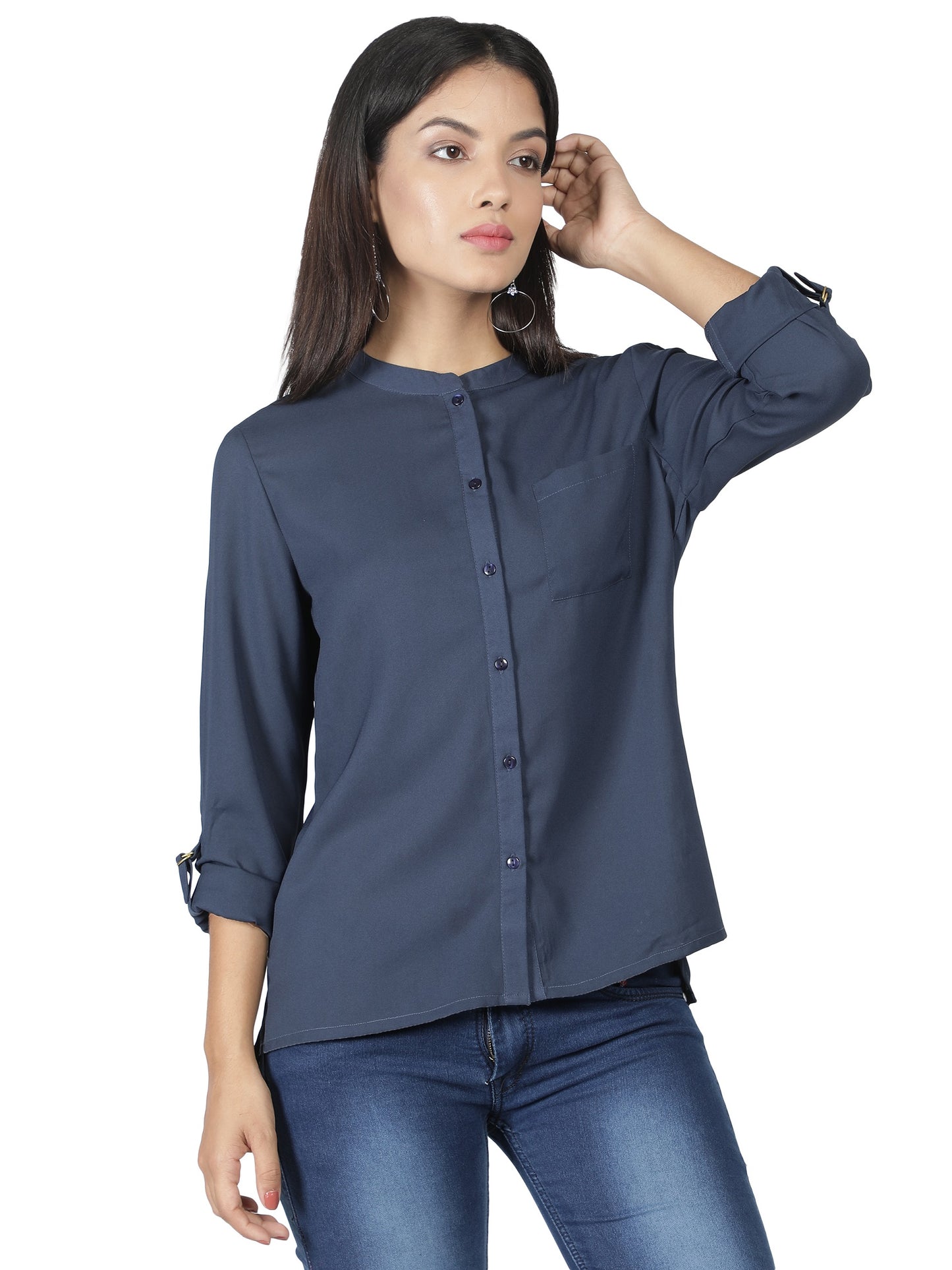NUEVOSDAMAS Women Georgette Solid Blue Shirt/Top