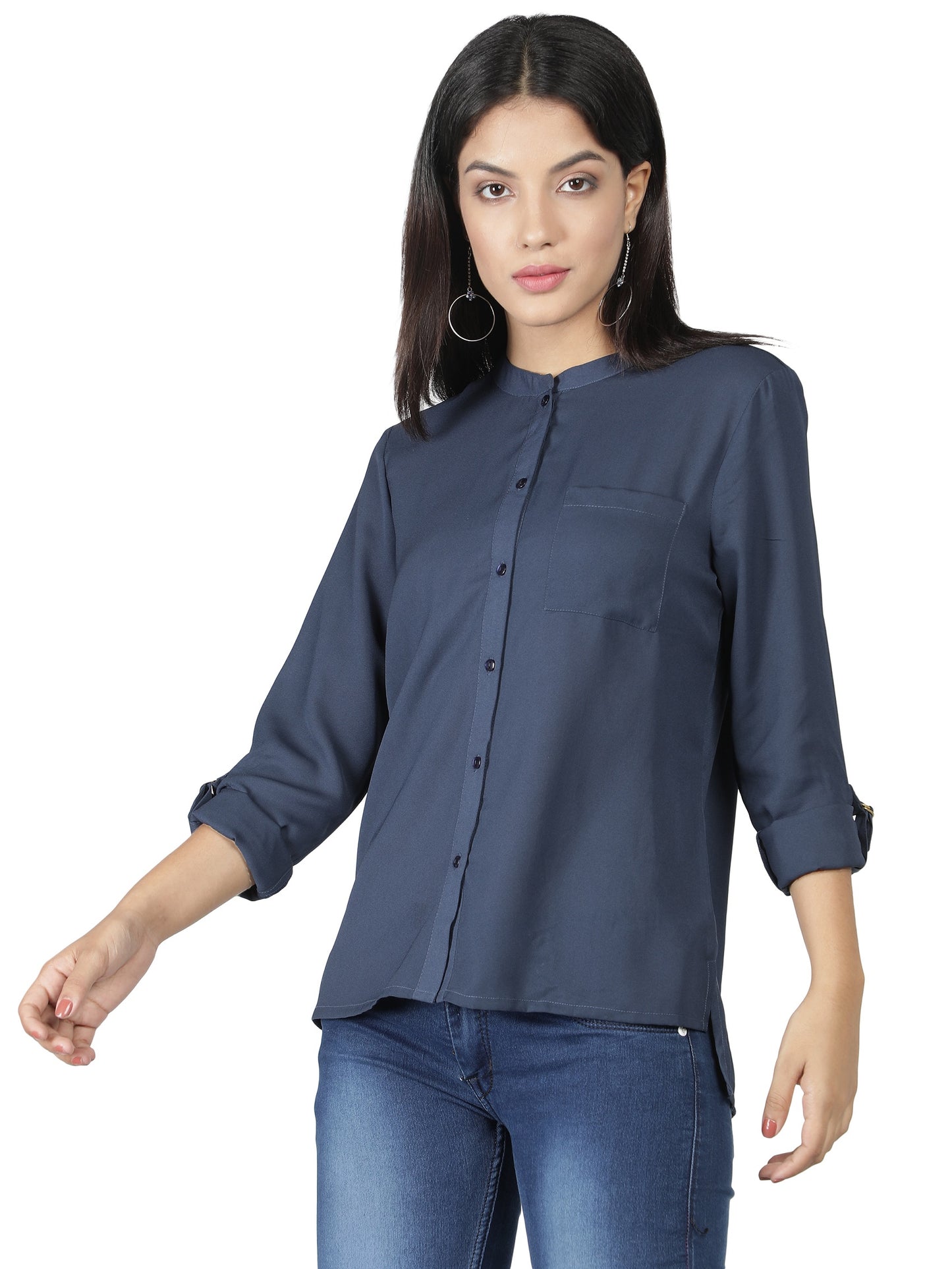 NUEVOSDAMAS Women Georgette Solid Blue Shirt/Top