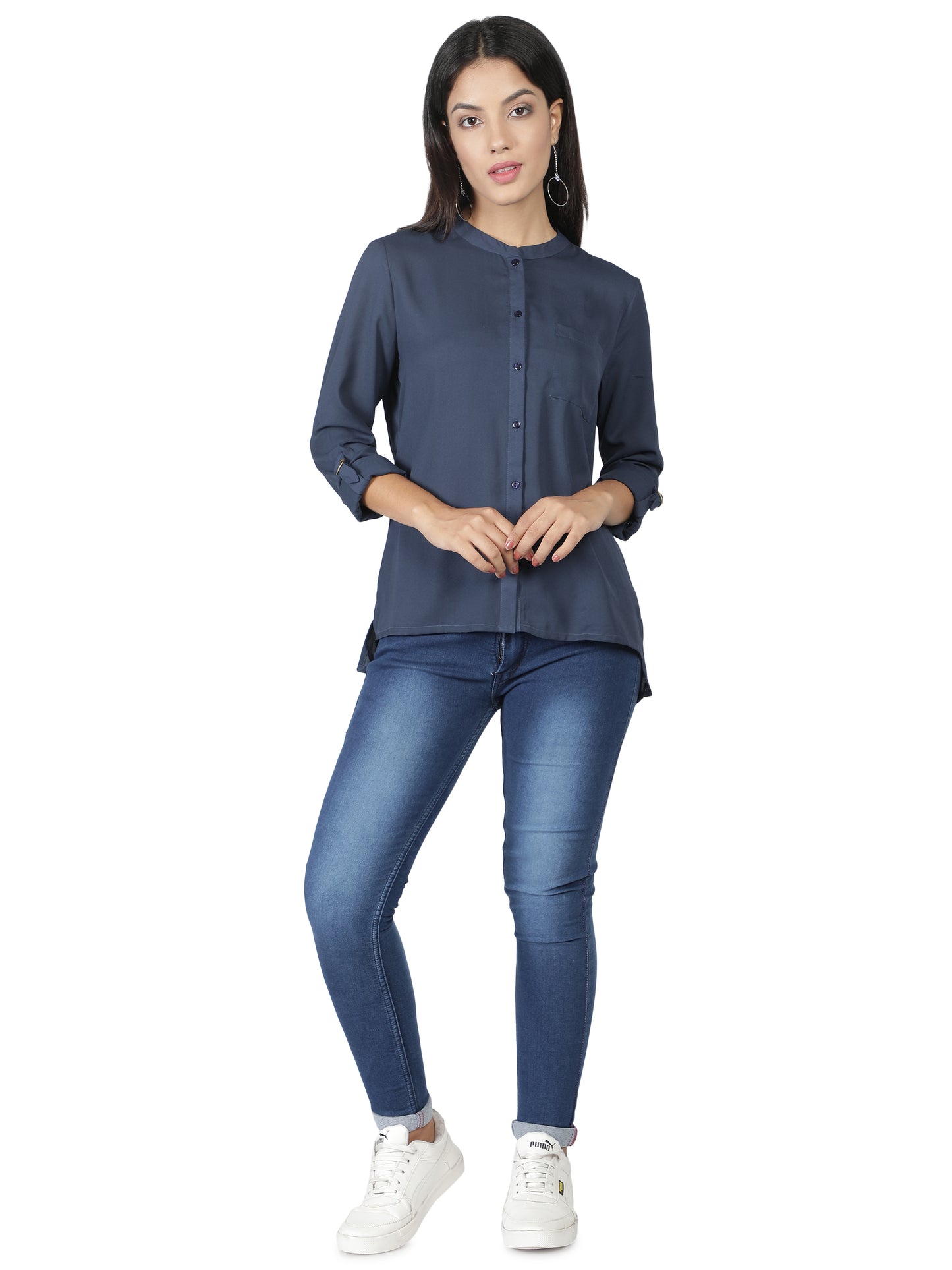 NUEVOSDAMAS Women Georgette Solid Blue Shirt/Top