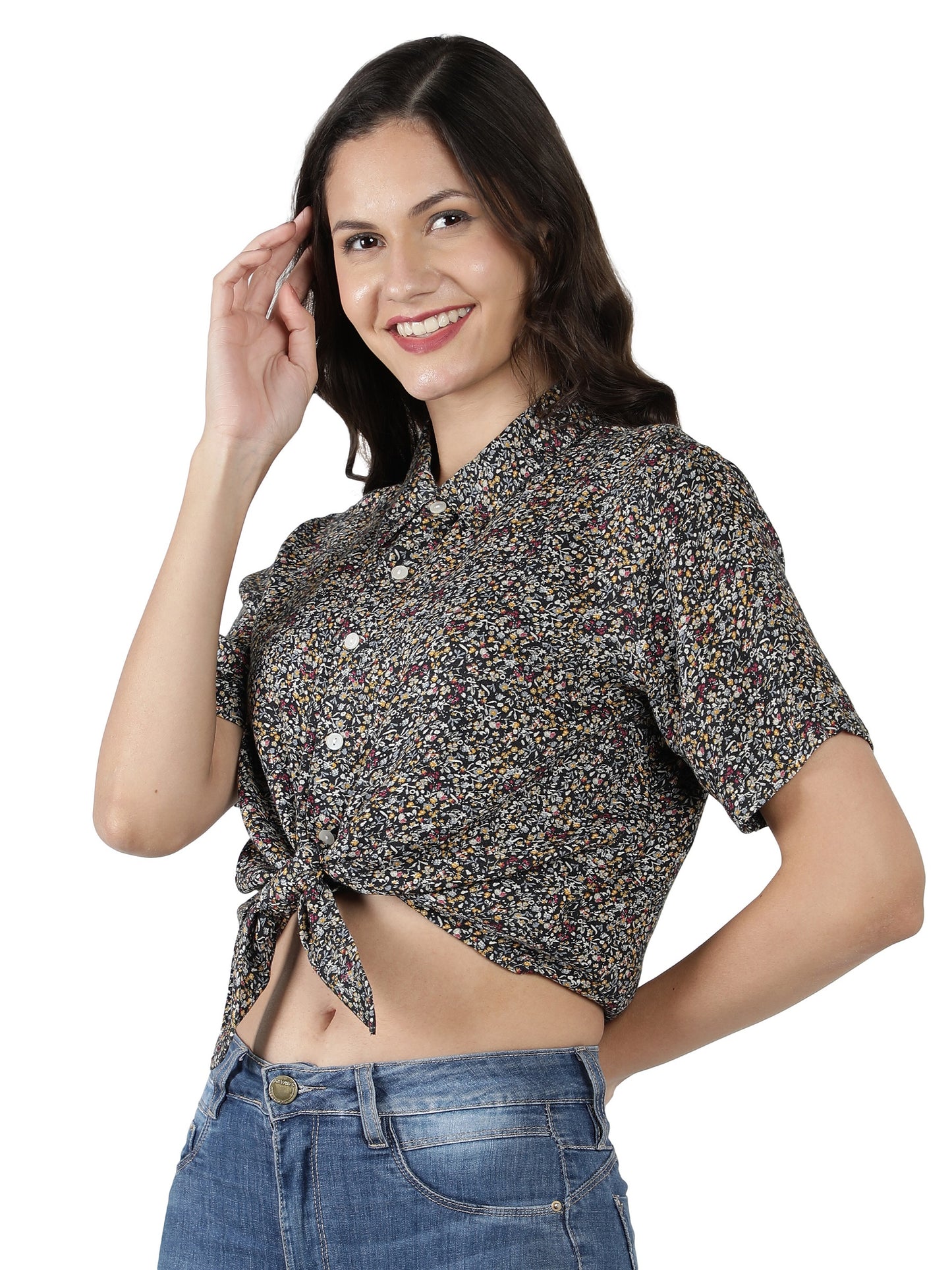 NUEVOSDAMAS Women Cotton Dobby Floral Printed Knotted Black Shirt