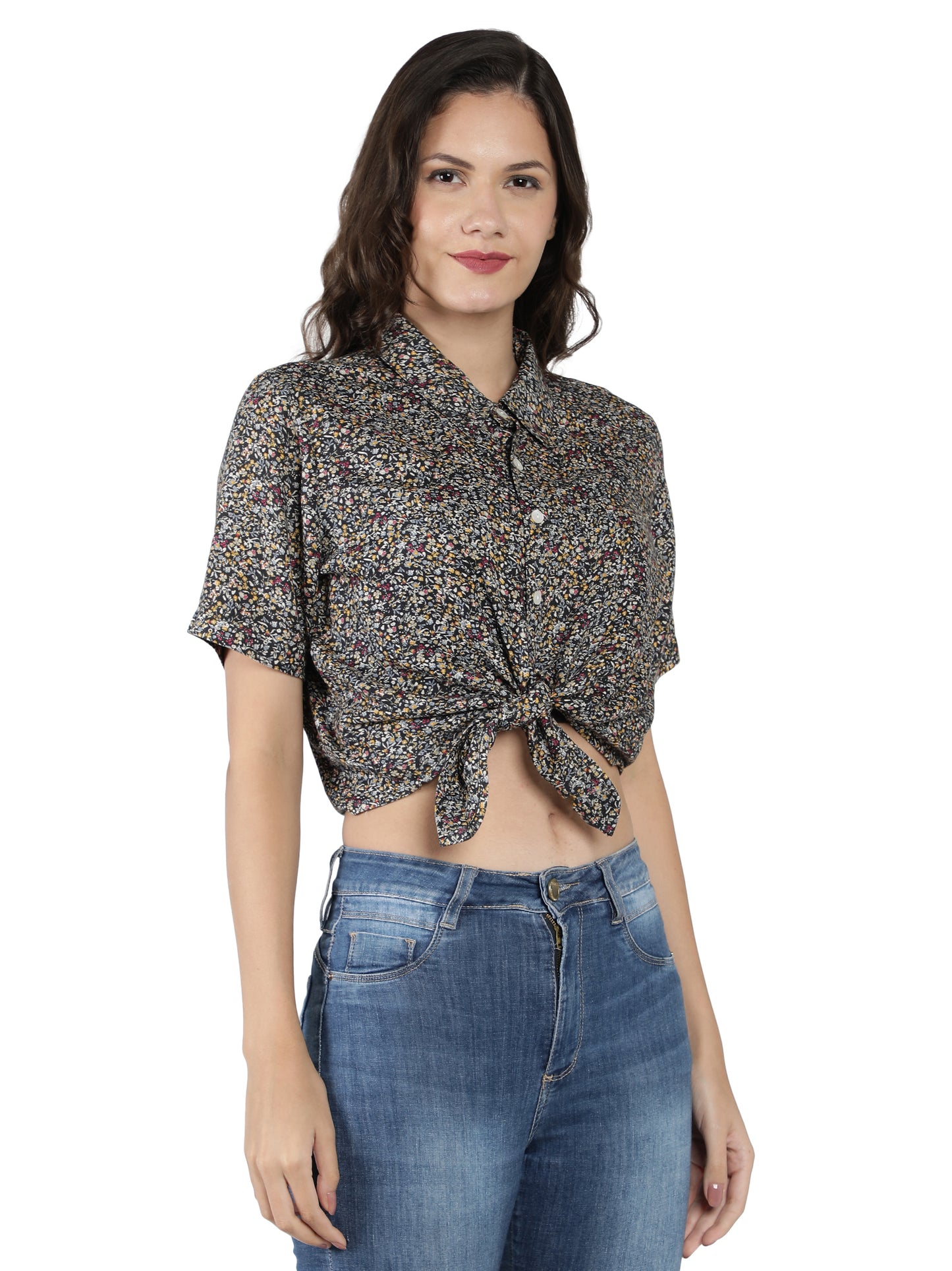 NUEVOSDAMAS Women Cotton Dobby Floral Printed Knotted Black Shirt