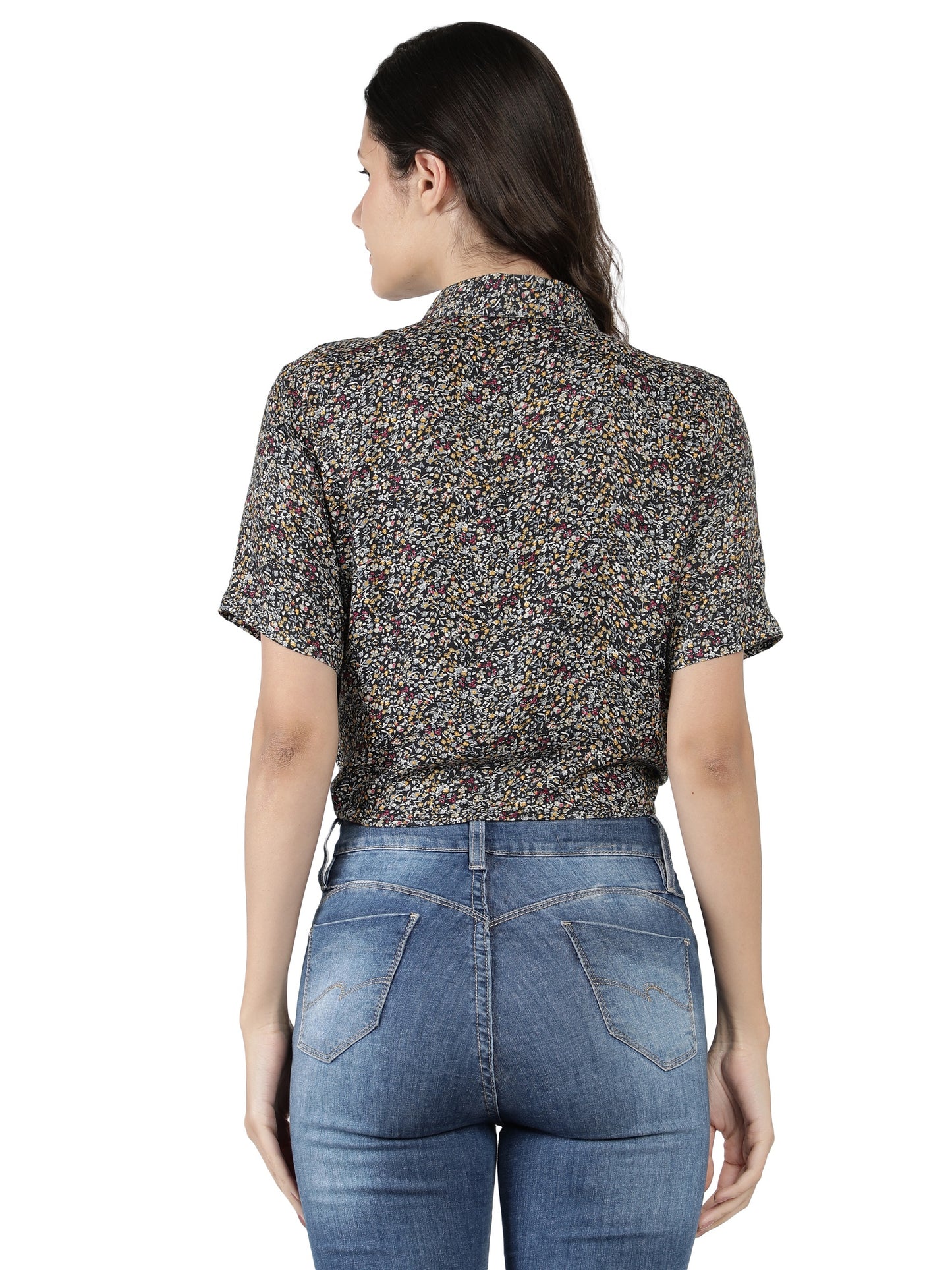 NUEVOSDAMAS Women Cotton Dobby Floral Printed Knotted Black Shirt