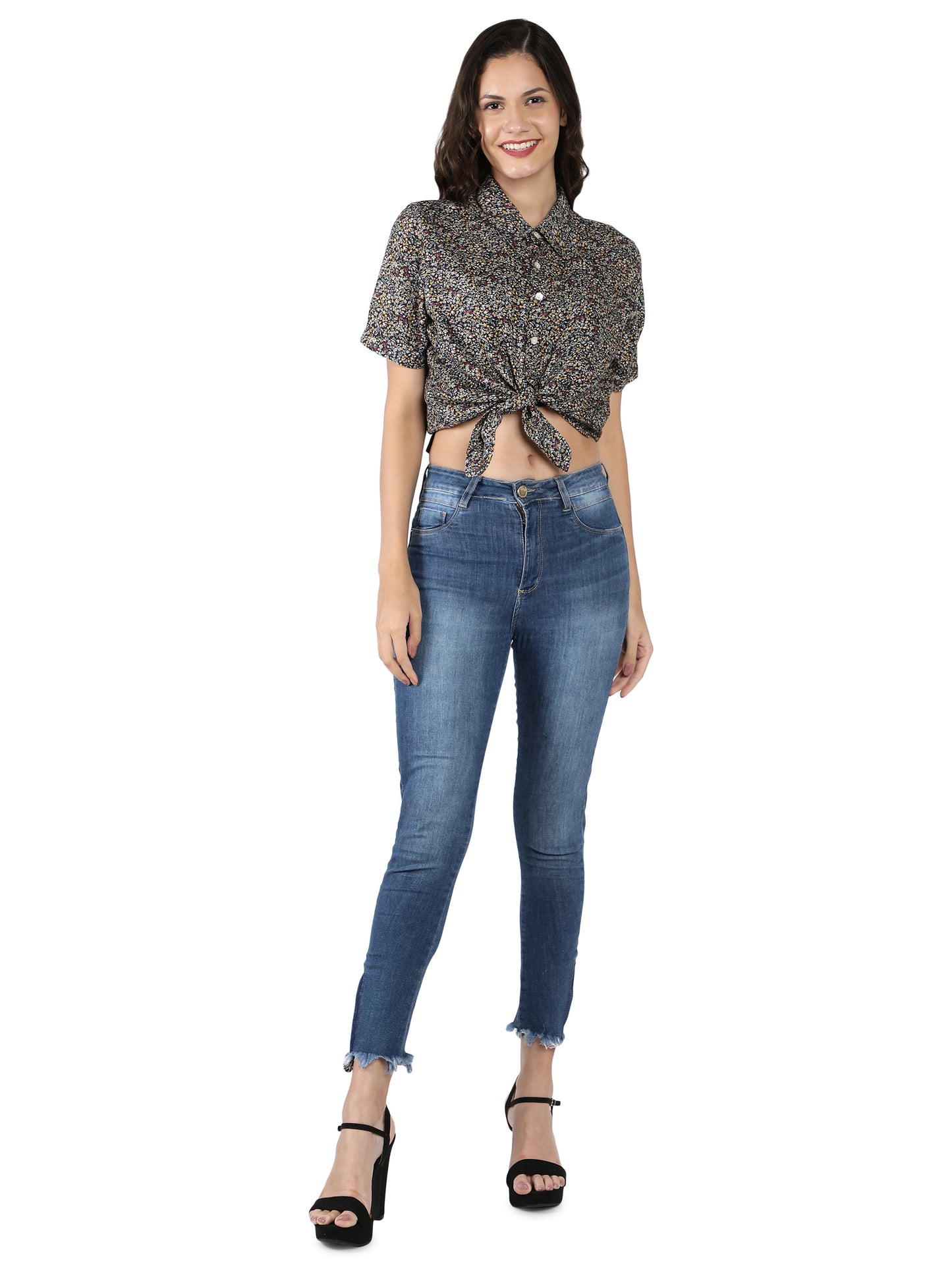 NUEVOSDAMAS Women Cotton Dobby Floral Printed Knotted Black Shirt