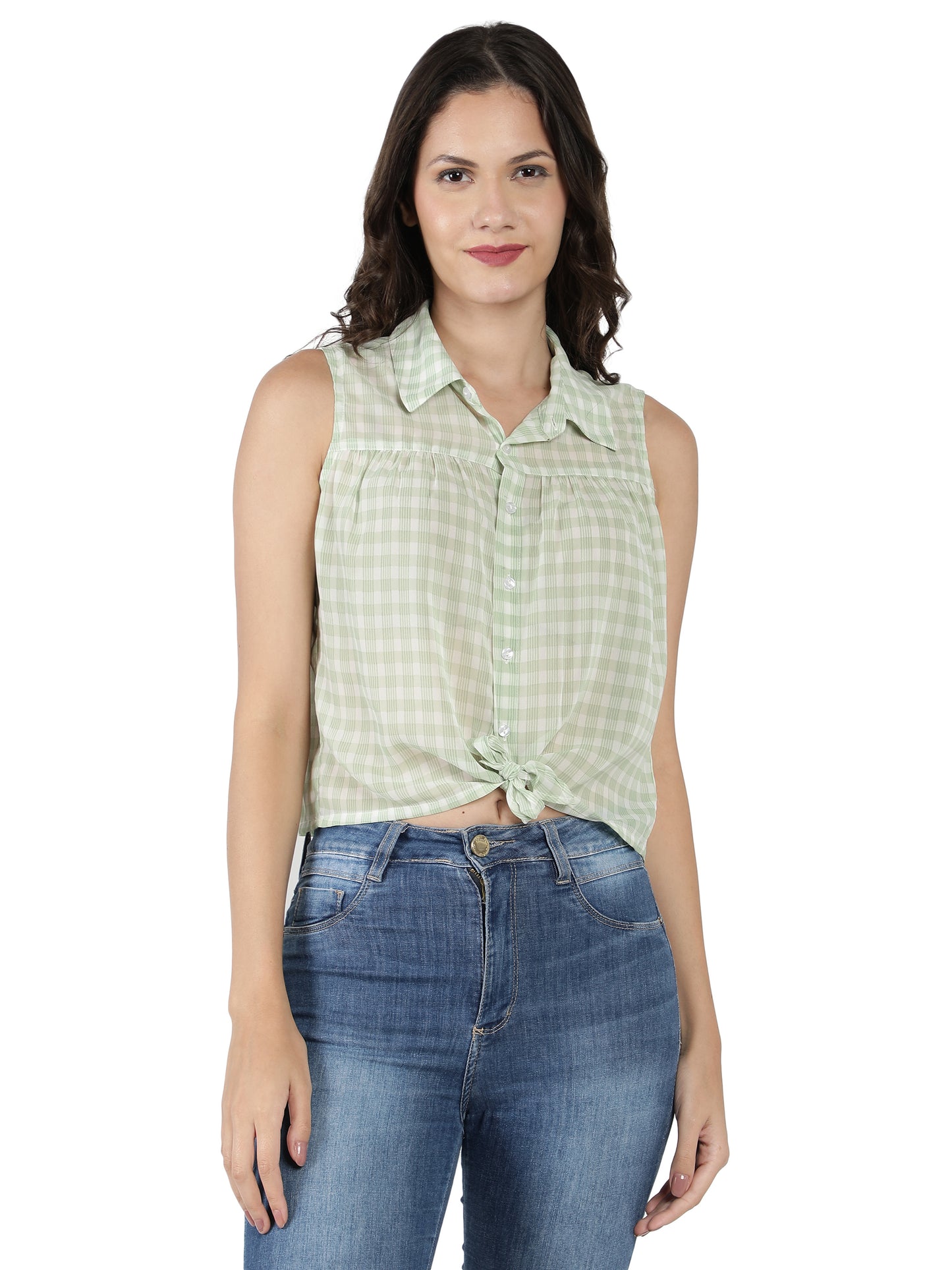NUEVOSDAMAS Women Cotton Dobby Floral Printed Knotted Green Shirt