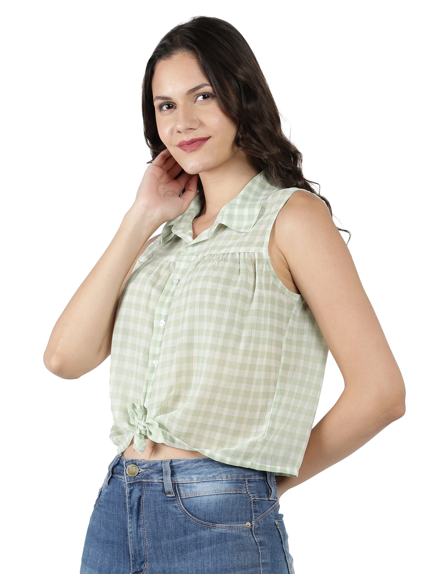 NUEVOSDAMAS Women Cotton Dobby Floral Printed Knotted Green Shirt