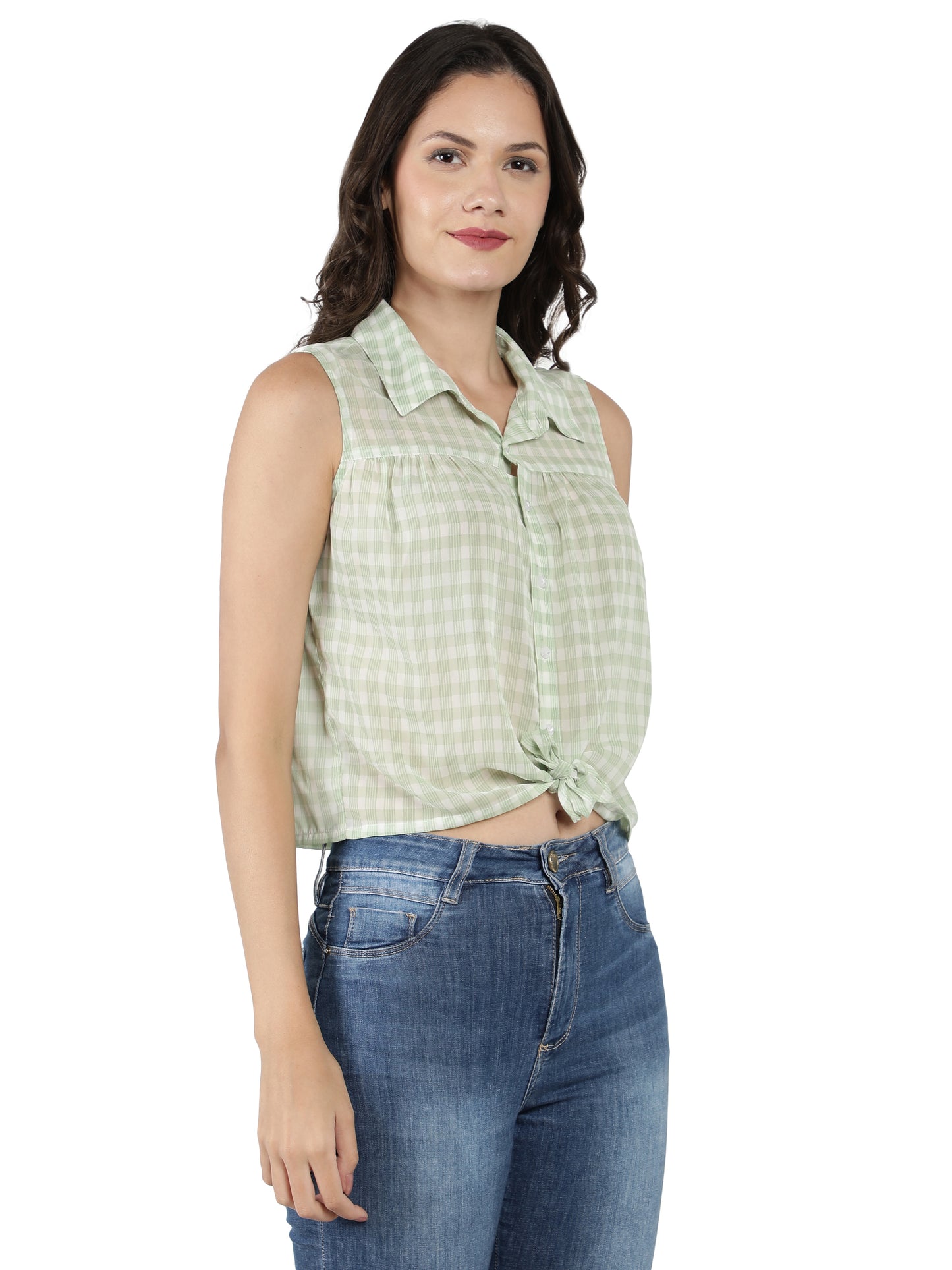 NUEVOSDAMAS Women Cotton Dobby Floral Printed Knotted Green Shirt