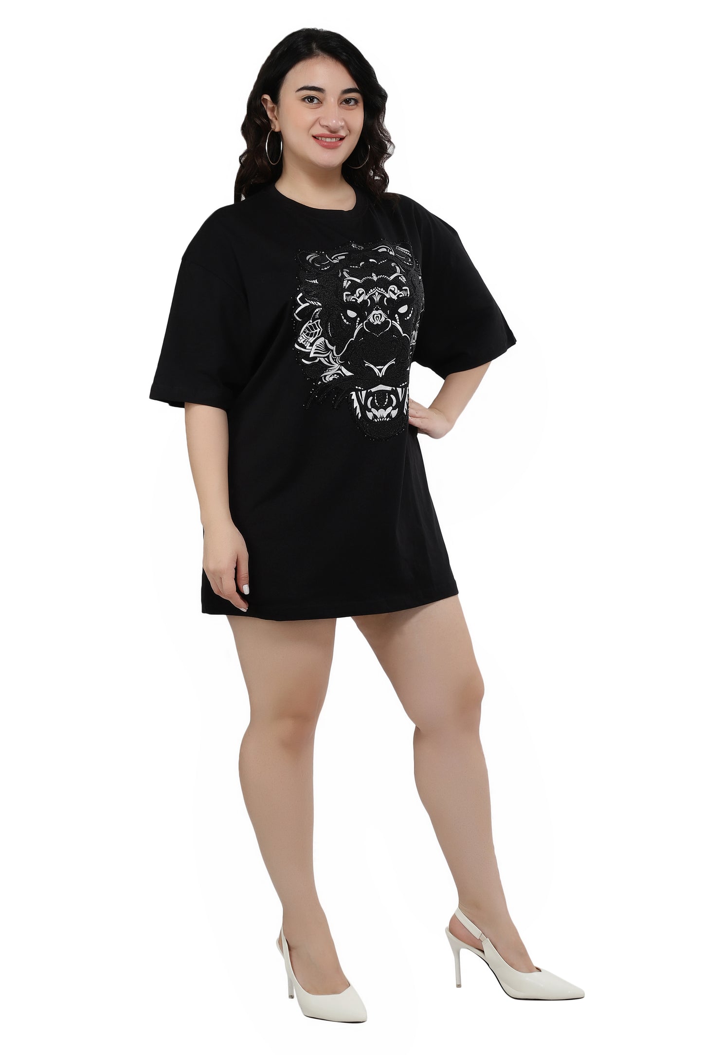 NUEVOSDAMAS Women Cotton Graphic Printed Half Sleeve Women's Black T-Shirt