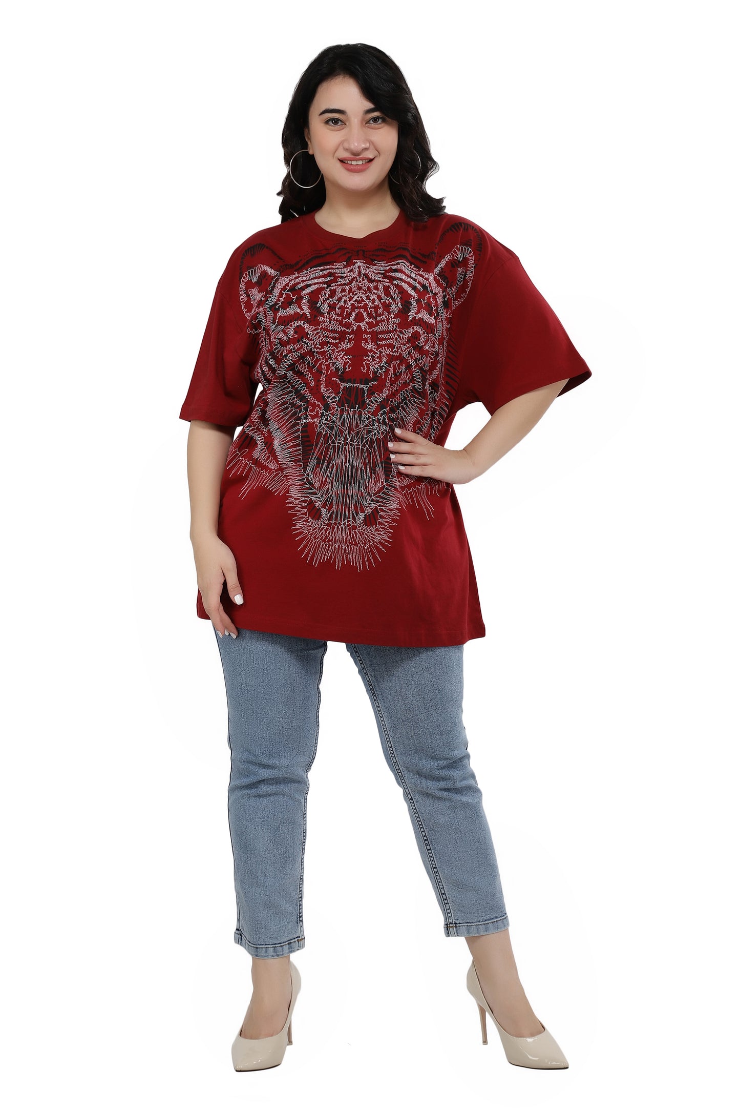 NUEVOSDAMAS Women Cotton Lion Printed Half Sleeve Women's Maroon T-Shirt