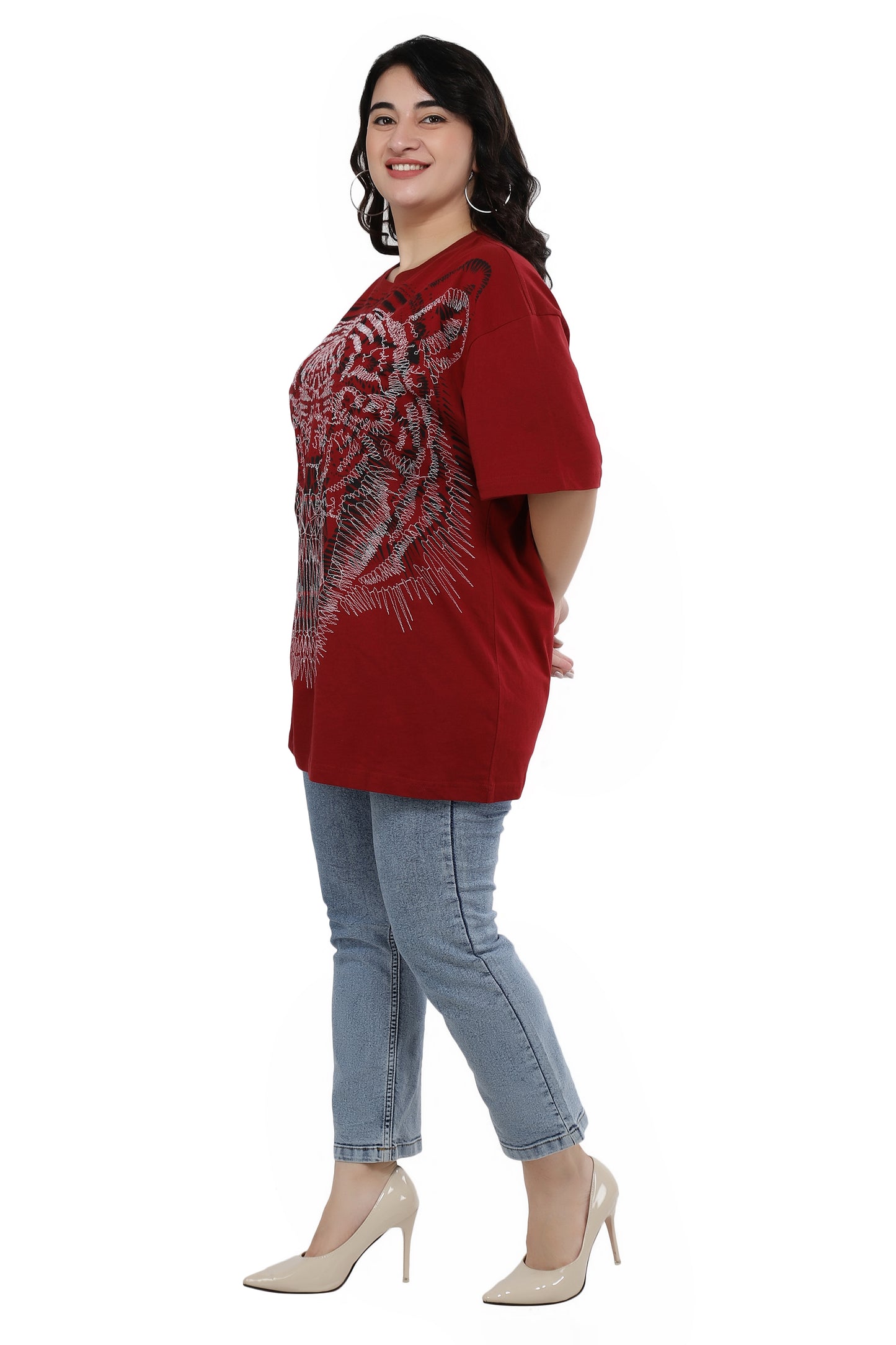NUEVOSDAMAS Women Cotton Lion Printed Half Sleeve Women's Maroon T-Shirt