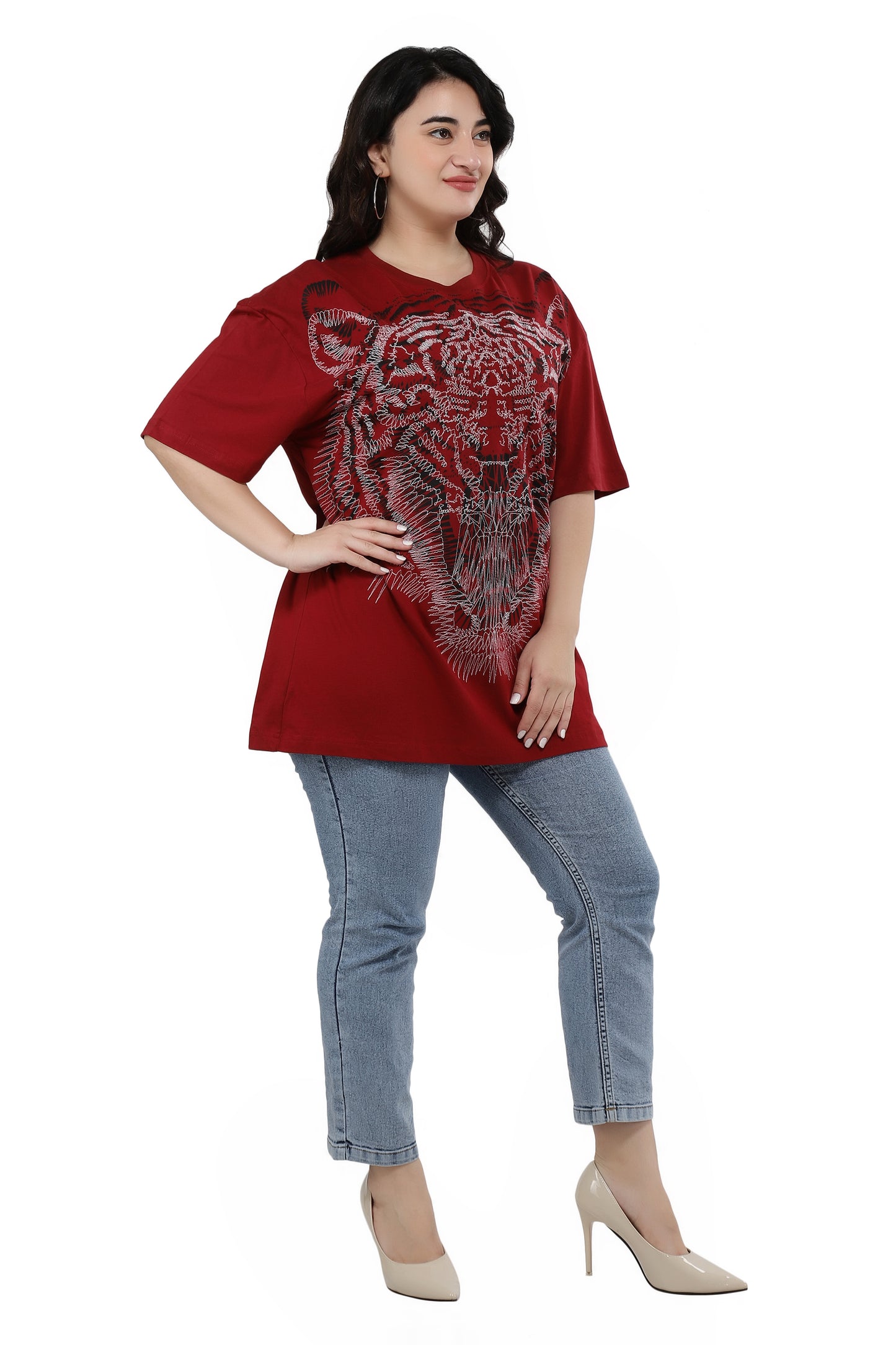 NUEVOSDAMAS Women Cotton Lion Printed Half Sleeve Women's Maroon T-Shirt