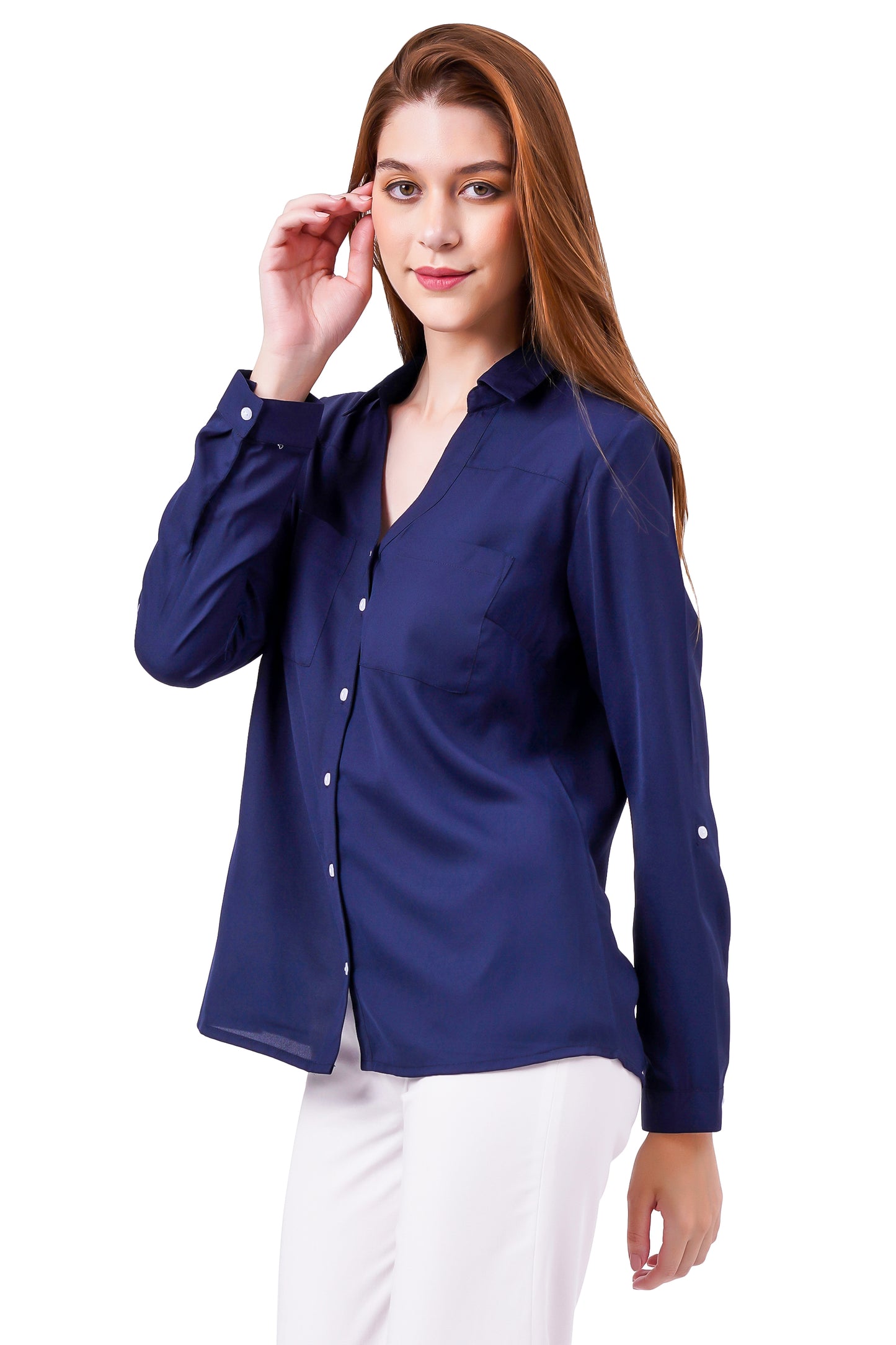NUEVOSDAMAS Solid Navy Blue Casual/Formal Women Full Sleeve Shirt