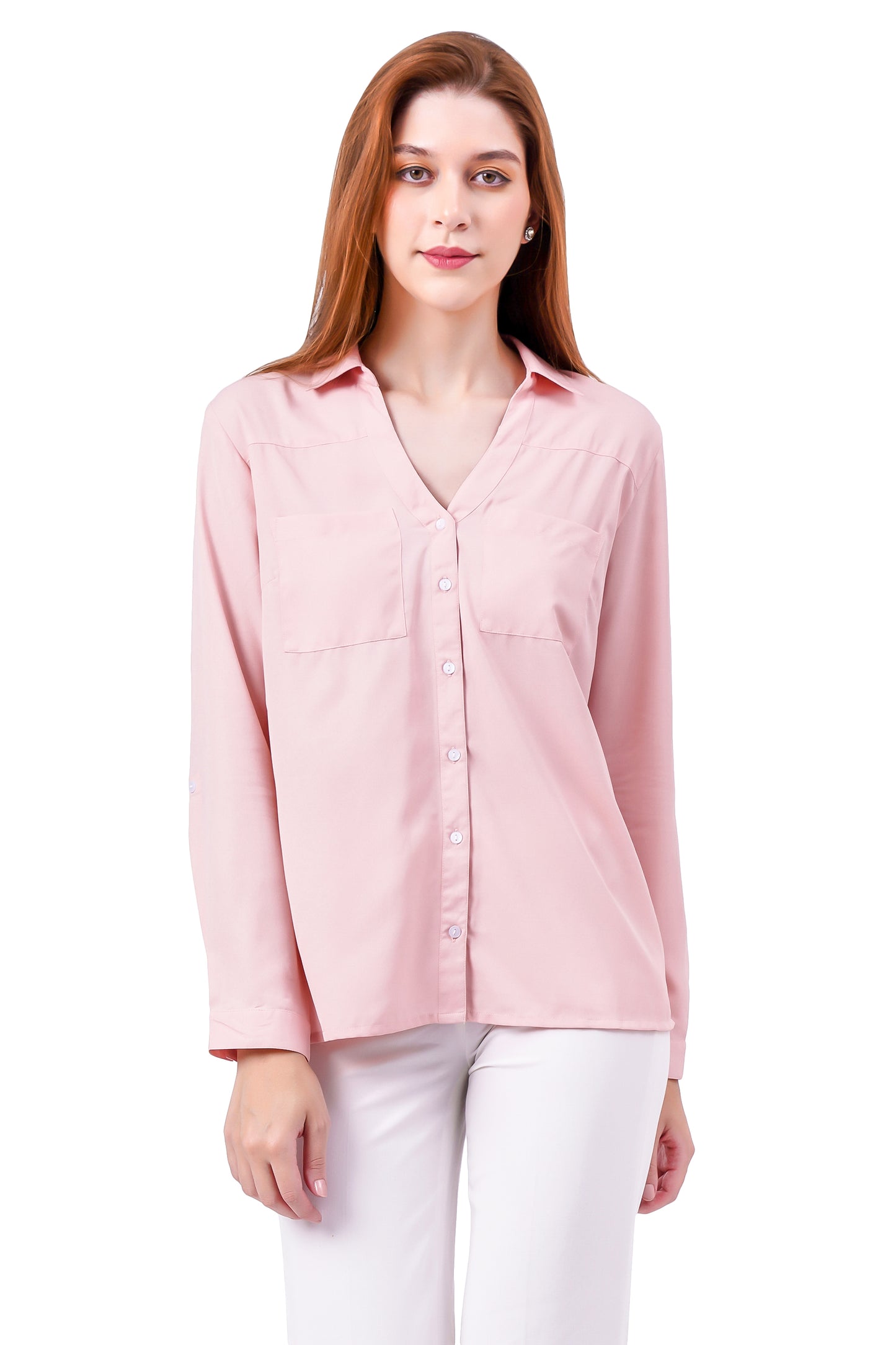 NUEVOSDAMAS Solid Peach Casual/Formal Women Full Sleeve Shirt