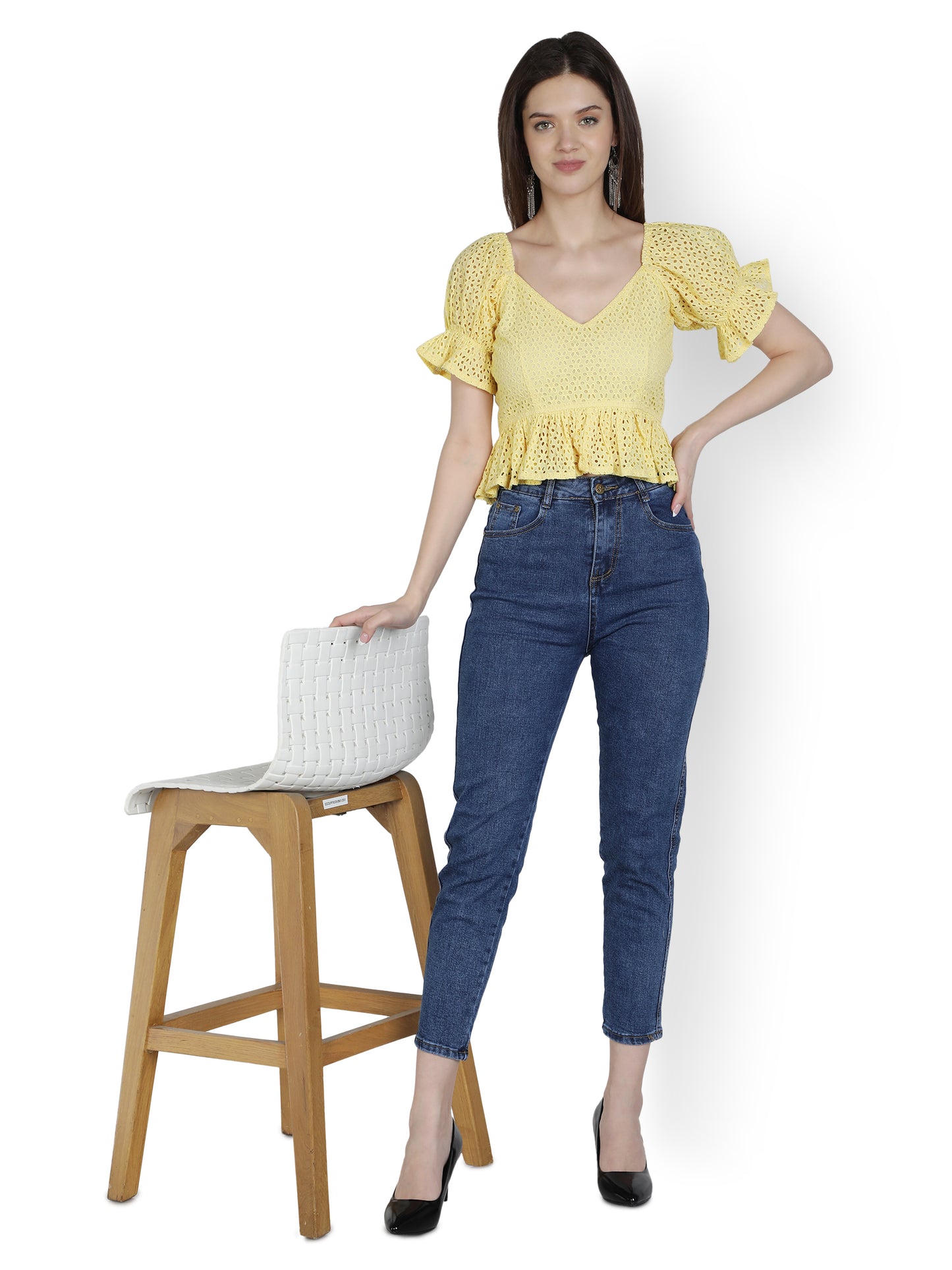 NUEVOSDAMAS Women Cotton Schiffly Solid Yellow Peplum Top with Puff Sleeve