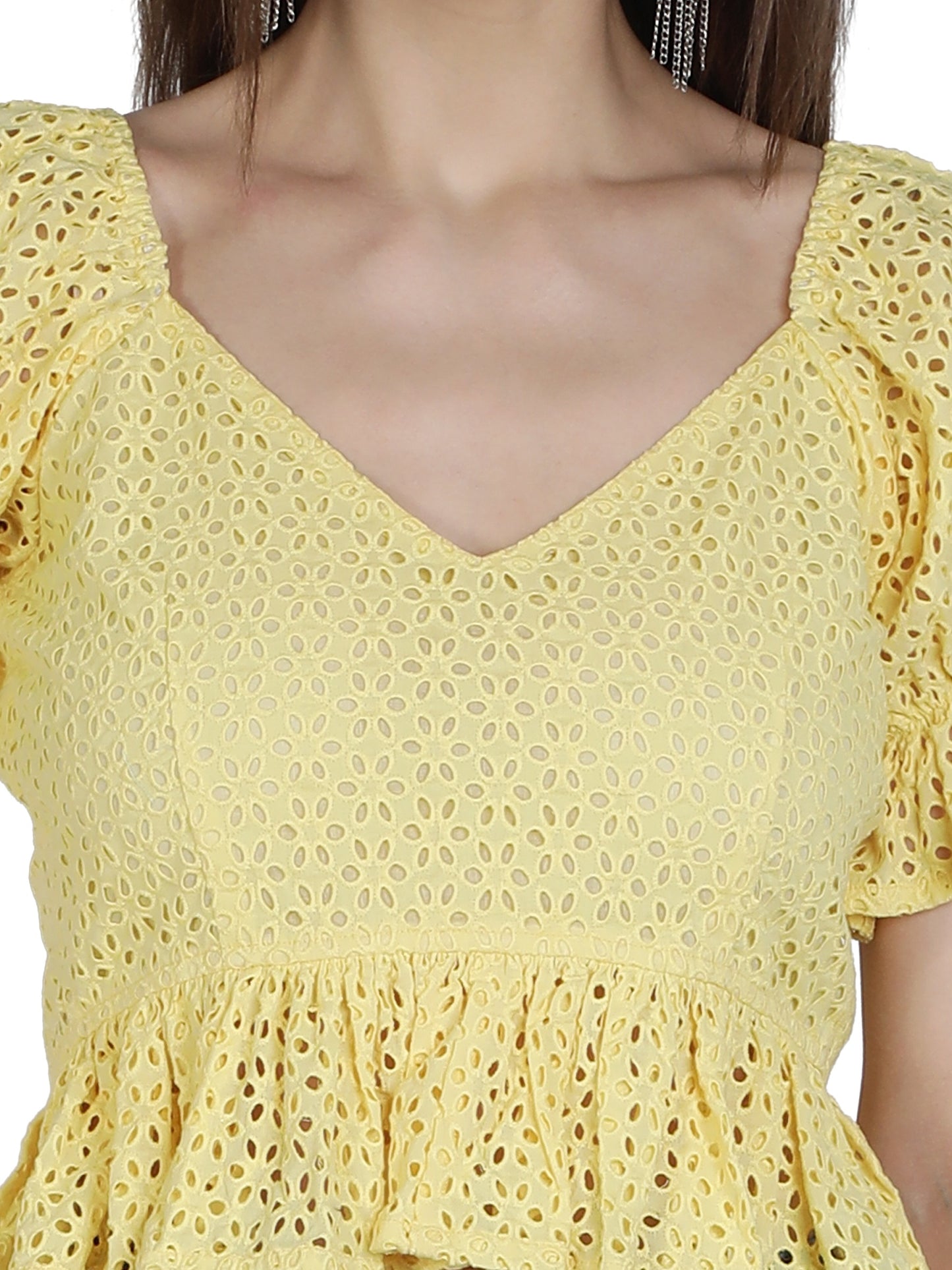 NUEVOSDAMAS Women Cotton Schiffly Solid Yellow Peplum Top with Puff Sleeve