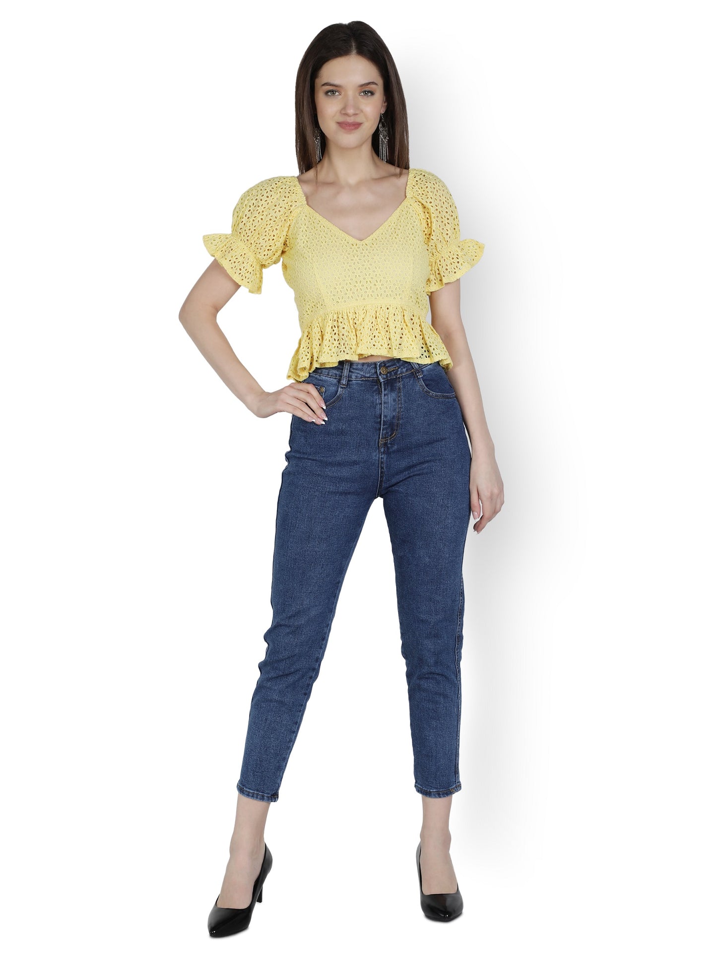 NUEVOSDAMAS Women Cotton Schiffly Solid Yellow Peplum Top with Puff Sleeve