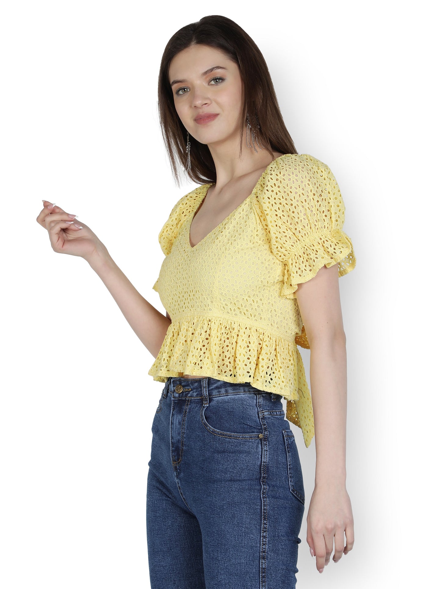 NUEVOSDAMAS Women Cotton Schiffly Solid Yellow Peplum Top with Puff Sleeve