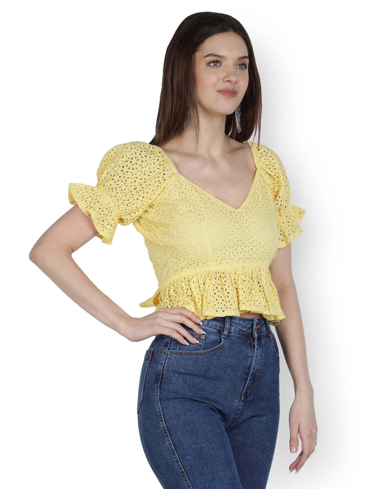 NUEVOSDAMAS Women Cotton Schiffly Solid Yellow Peplum Top with Puff Sleeve