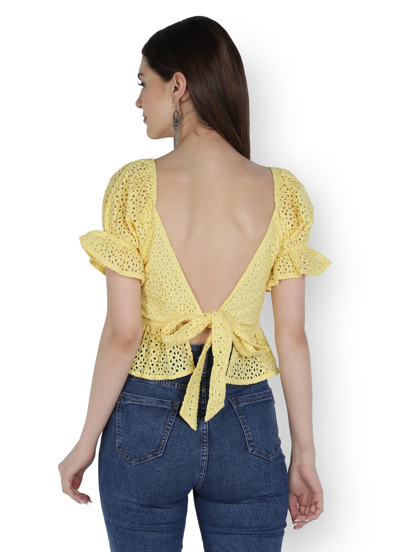 NUEVOSDAMAS Women Cotton Schiffly Solid Yellow Peplum Top with Puff Sleeve