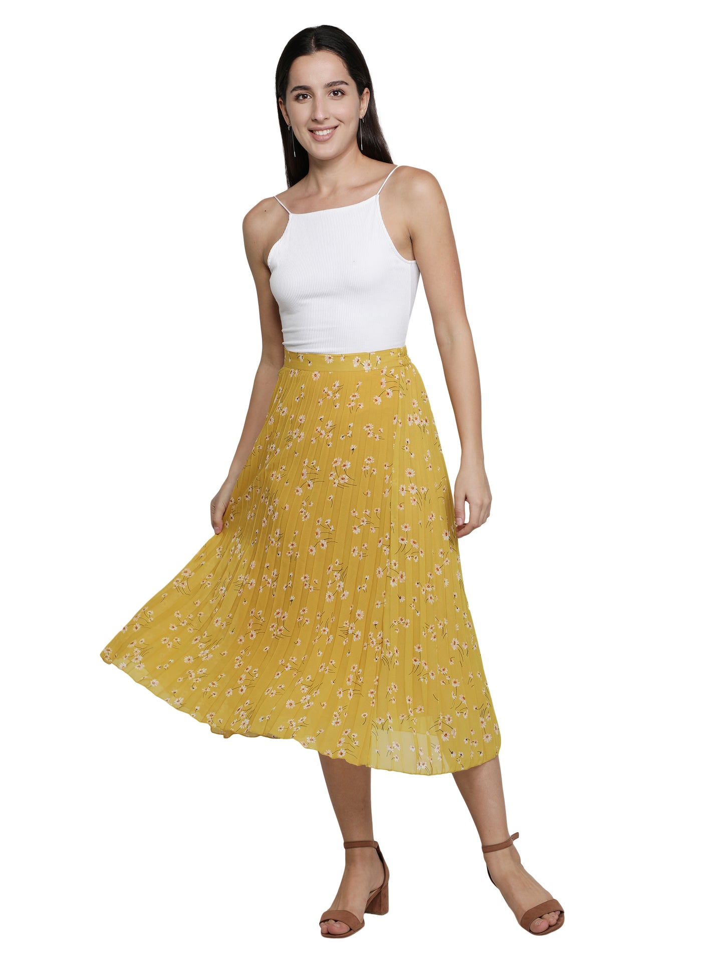 Women Floral Print Pleated Yellow Skirt freeshipping - NUEVOSDAMAS