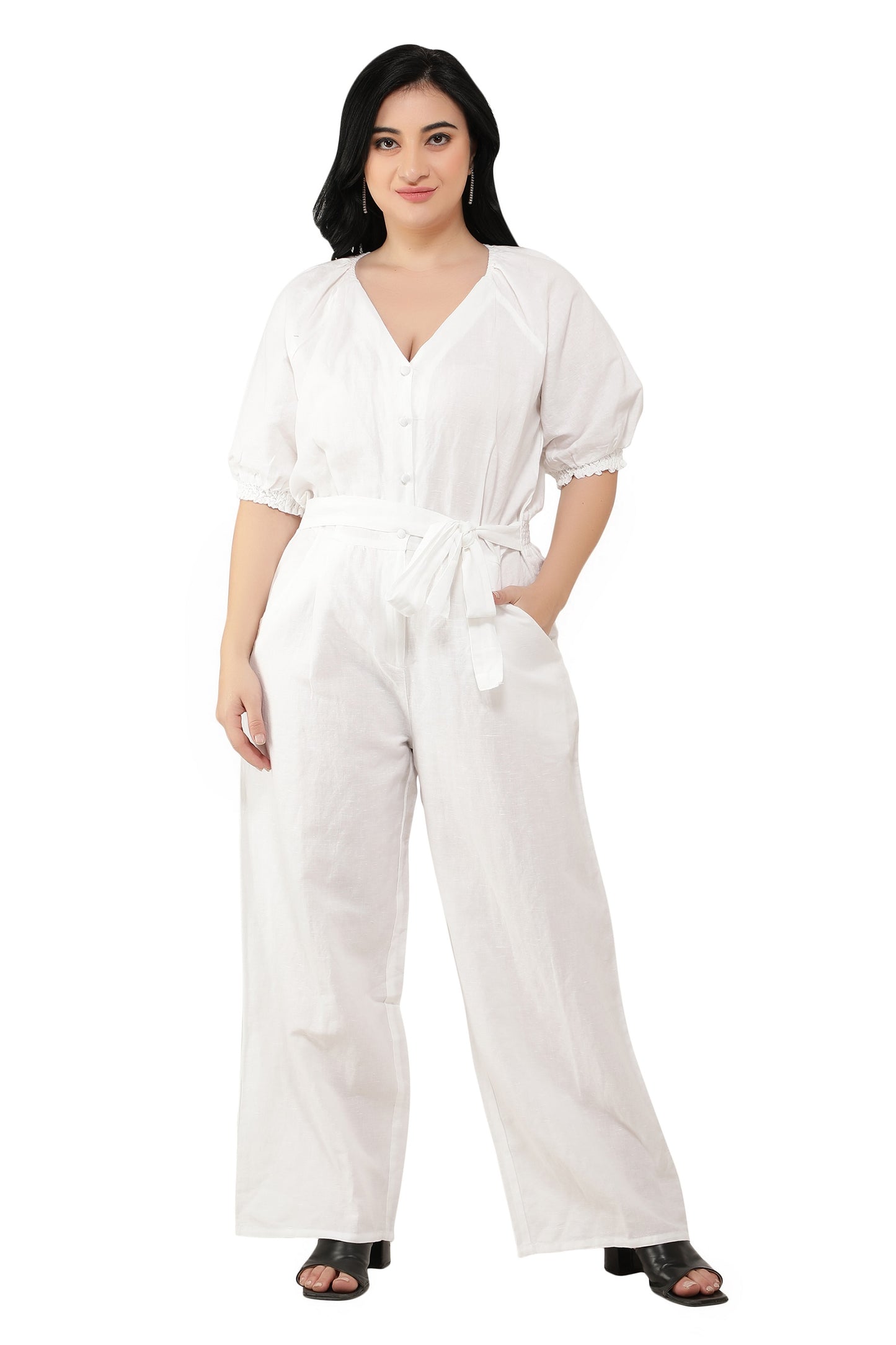 NUEVOSDAMAS Women Cotton Soild Designer Jumpsuit | Raglan Sleeve V-Neck Romper _ White
