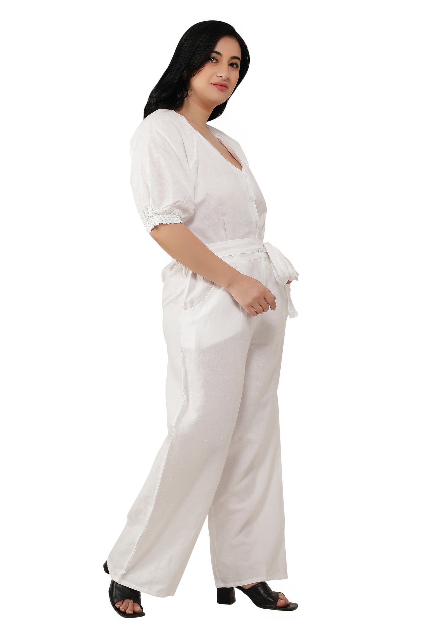 NUEVOSDAMAS Women Cotton Soild Designer Jumpsuit | Raglan Sleeve V-Neck Romper _ White