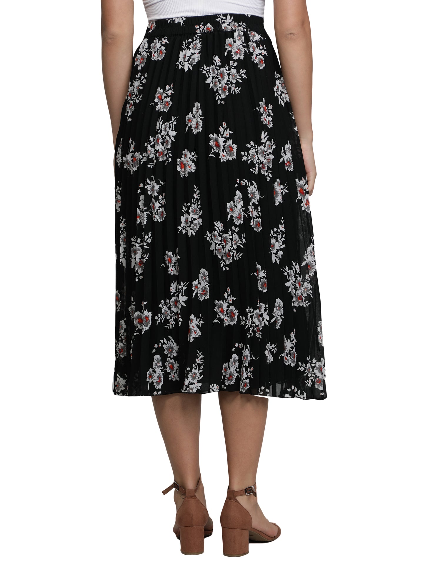 Women Floral Print Pleated Black Skirt freeshipping - NUEVOSDAMAS