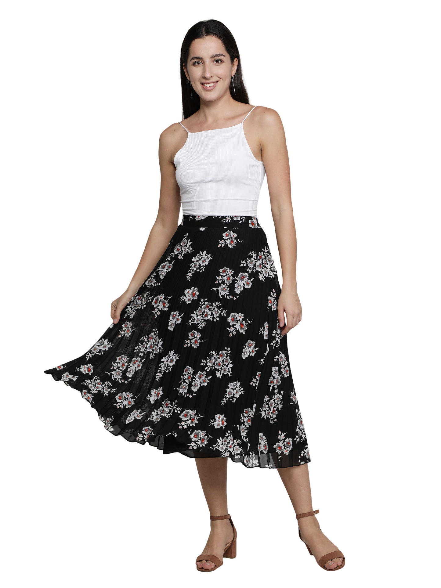 Women Floral Print Pleated Black Skirt freeshipping - NUEVOSDAMAS