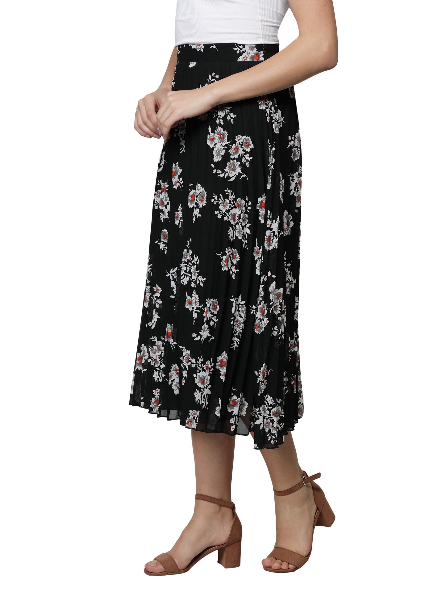 Women Floral Print Pleated Black Skirt freeshipping - NUEVOSDAMAS