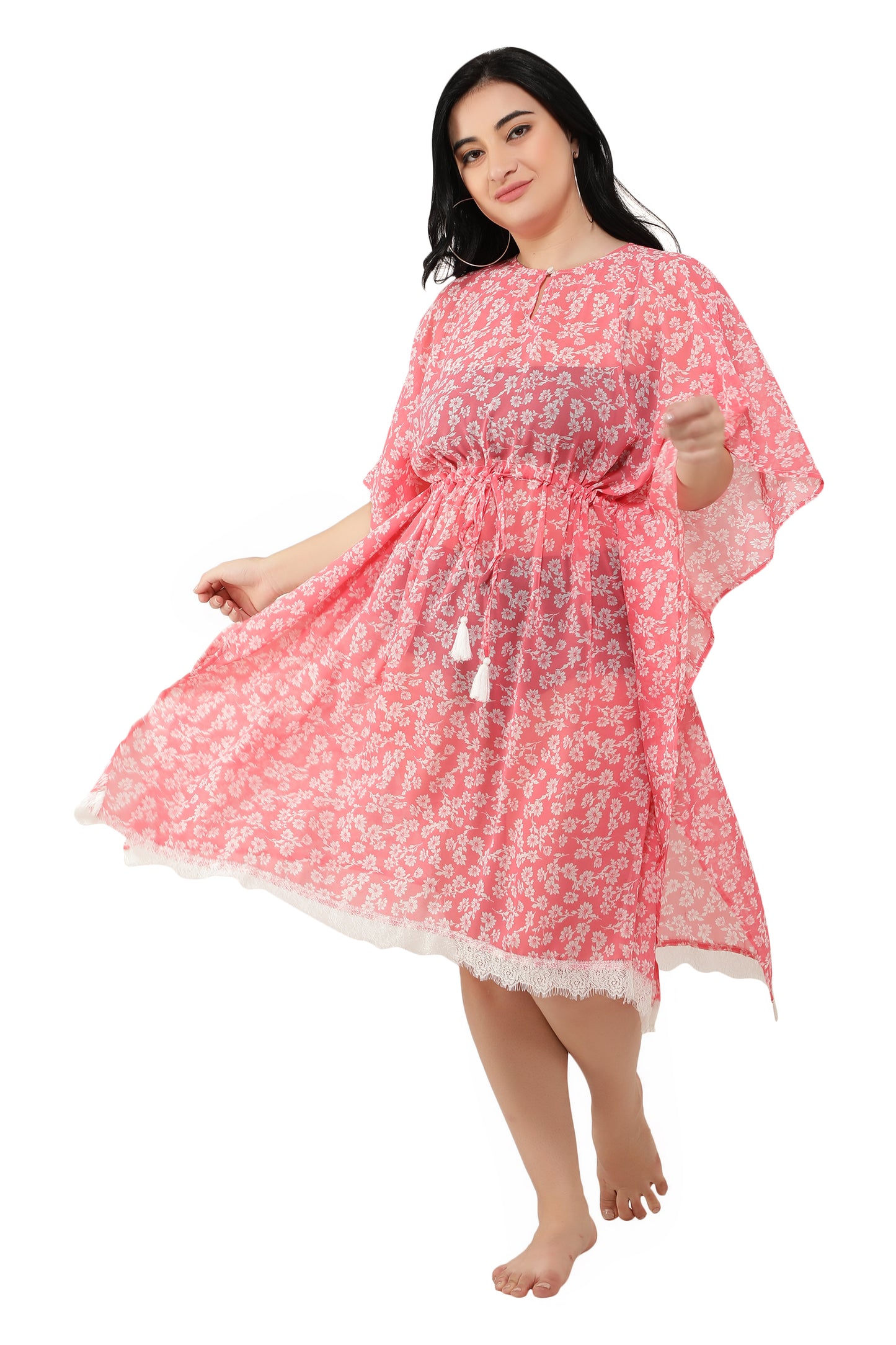 NUEVOSDAMAS Women Georgette Printed Pink Kaftan