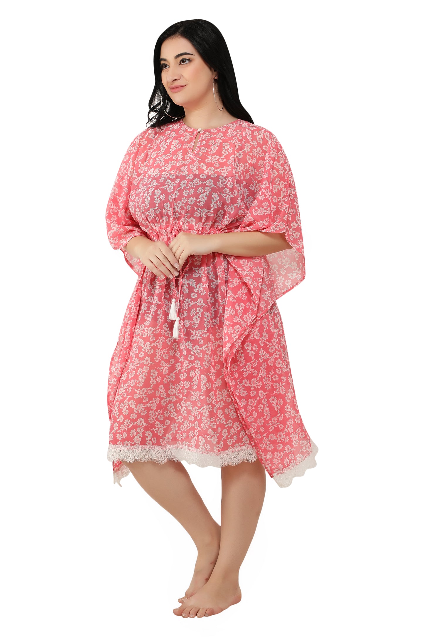 NUEVOSDAMAS Women Georgette Printed Pink Kaftan