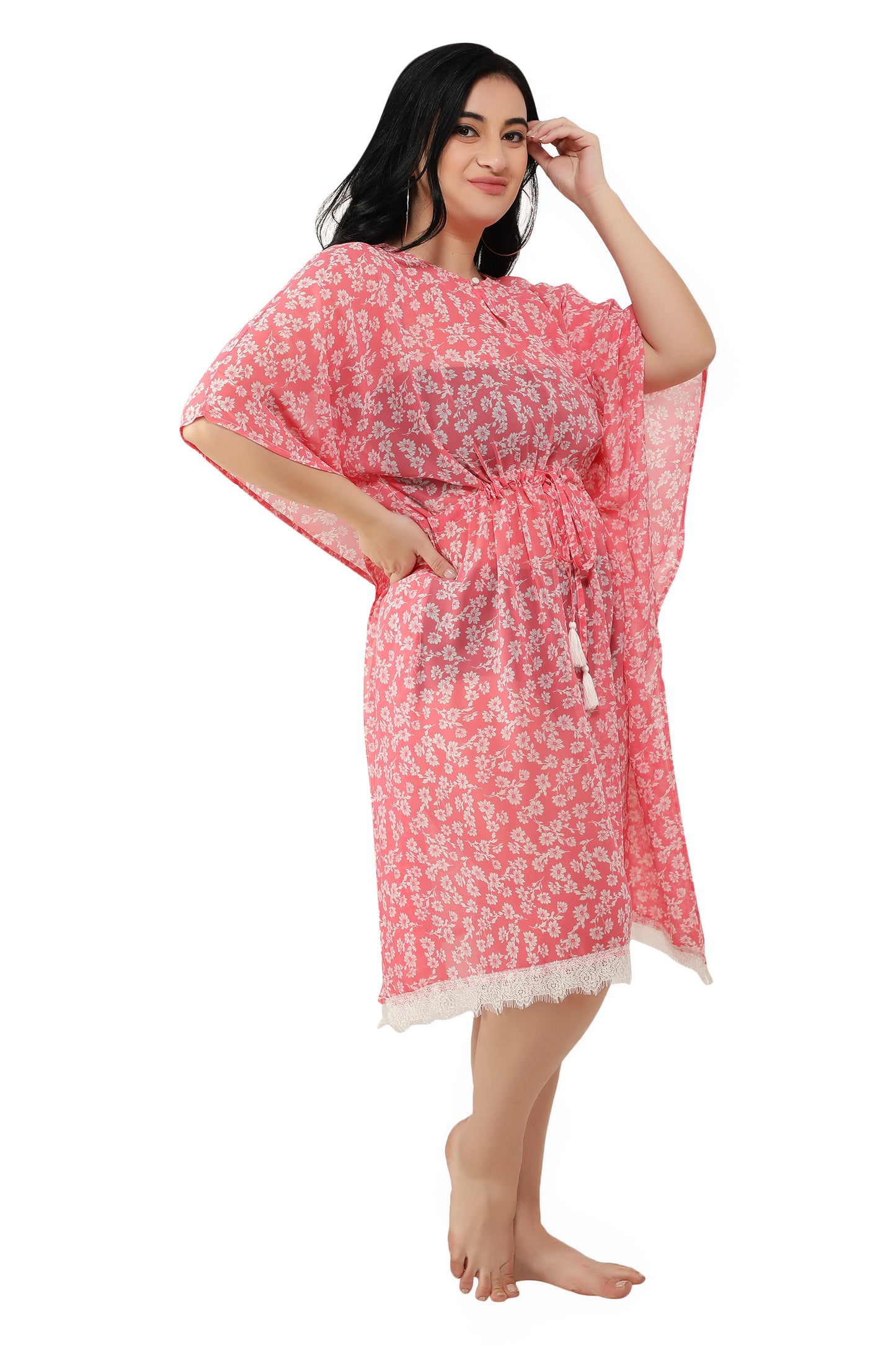 NUEVOSDAMAS Women Georgette Printed Pink Kaftan