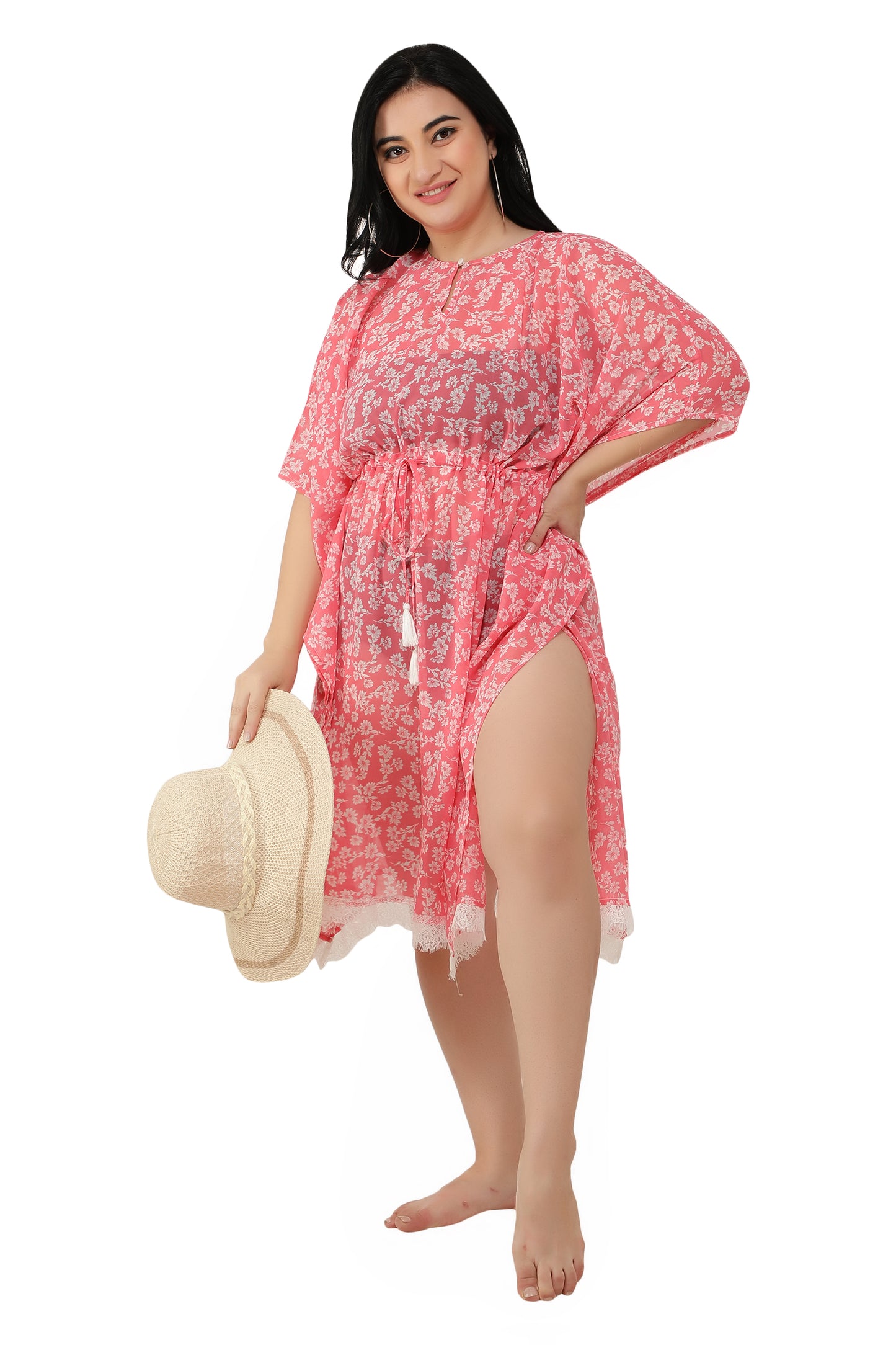 NUEVOSDAMAS Women Georgette Printed Pink Kaftan