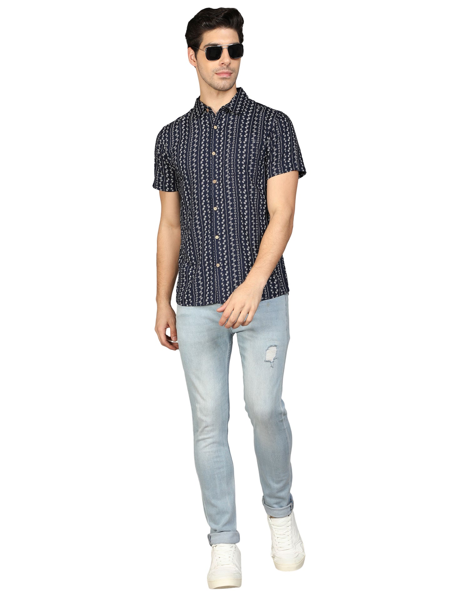 NUEVOSPORTA Men's Rayon Printed Half Sleeve Dark Blue Shirt