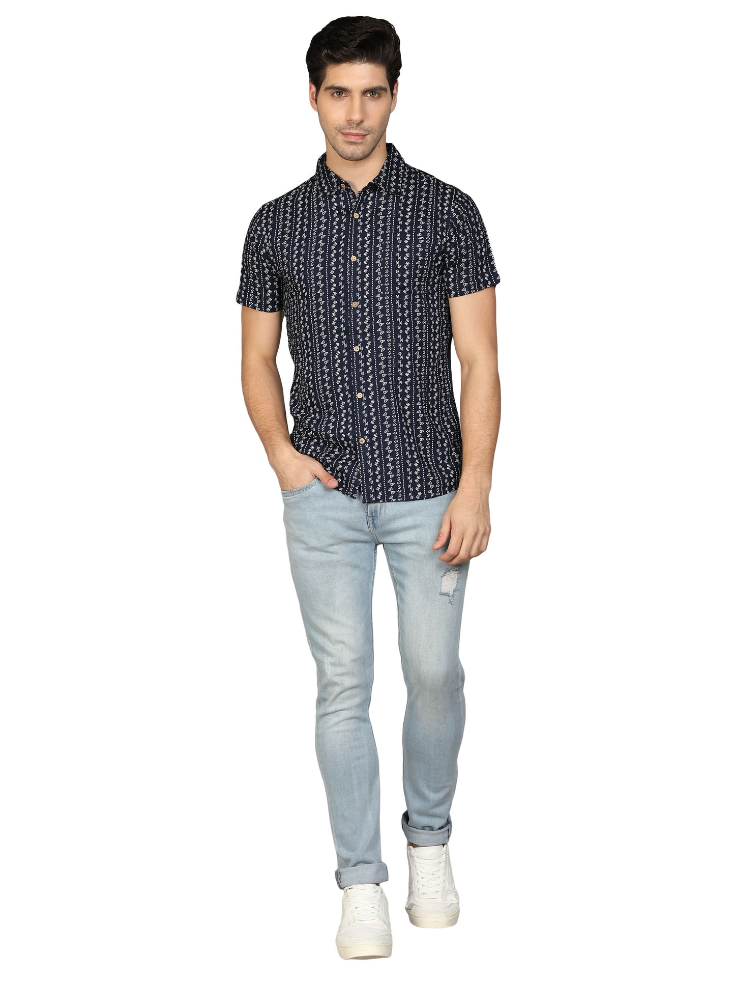 NUEVOSPORTA Men's Rayon Printed Half Sleeve Dark Blue Shirt
