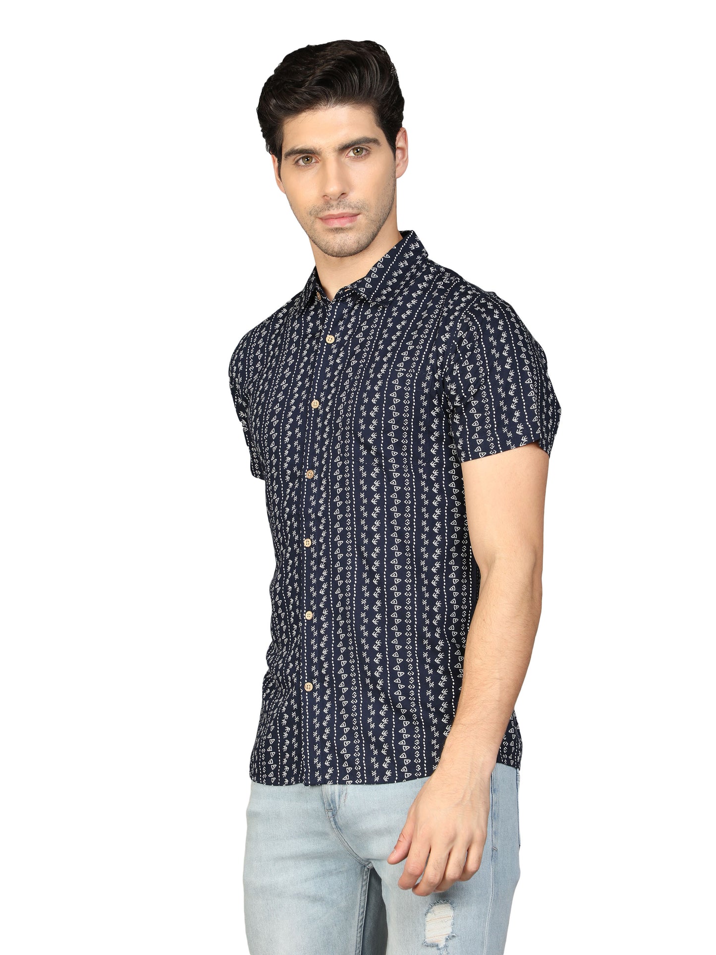 NUEVOSPORTA Men's Rayon Printed Half Sleeve Dark Blue Shirt
