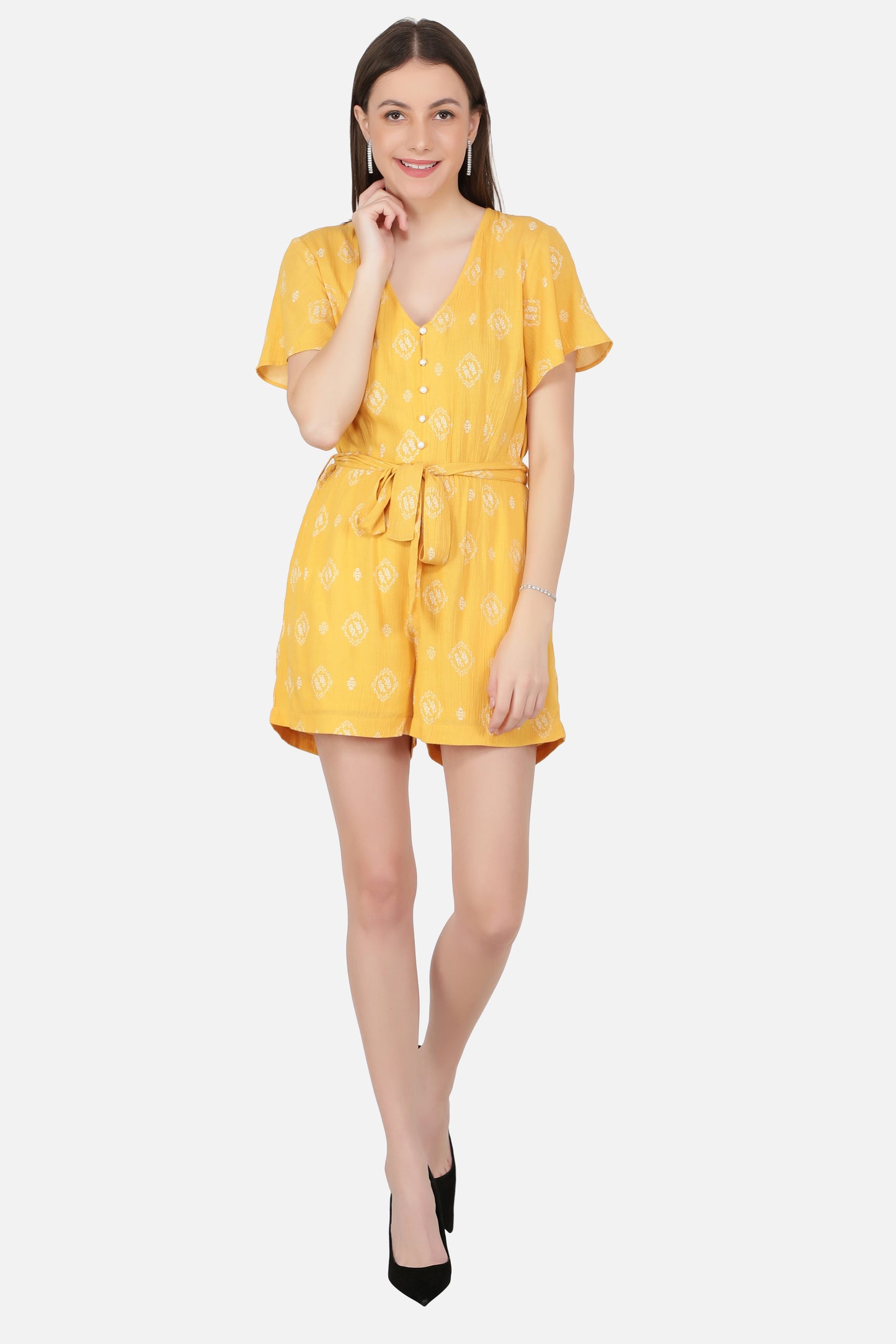 NUEVOSDAMAS Women's Summer V Neck Jumpsuits Casual half Sleeves Romper Button Up Front Tie Knot Floral Printed Short Jumpsuit Rompers Playsuits