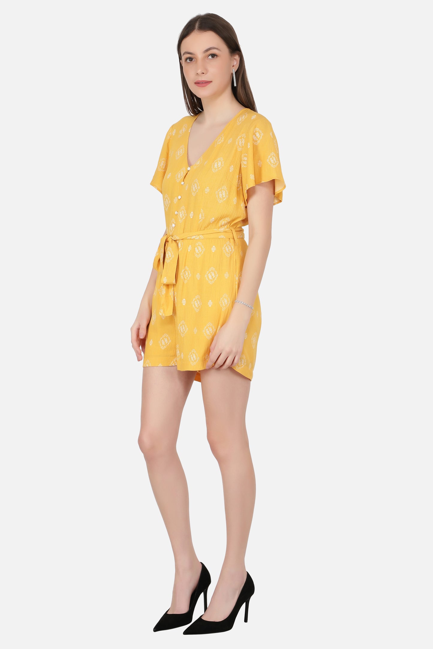 NUEVOSDAMAS Women's Summer V Neck Jumpsuits Casual half Sleeves Romper Button Up Front Tie Knot Floral Printed Short Jumpsuit Rompers Playsuits