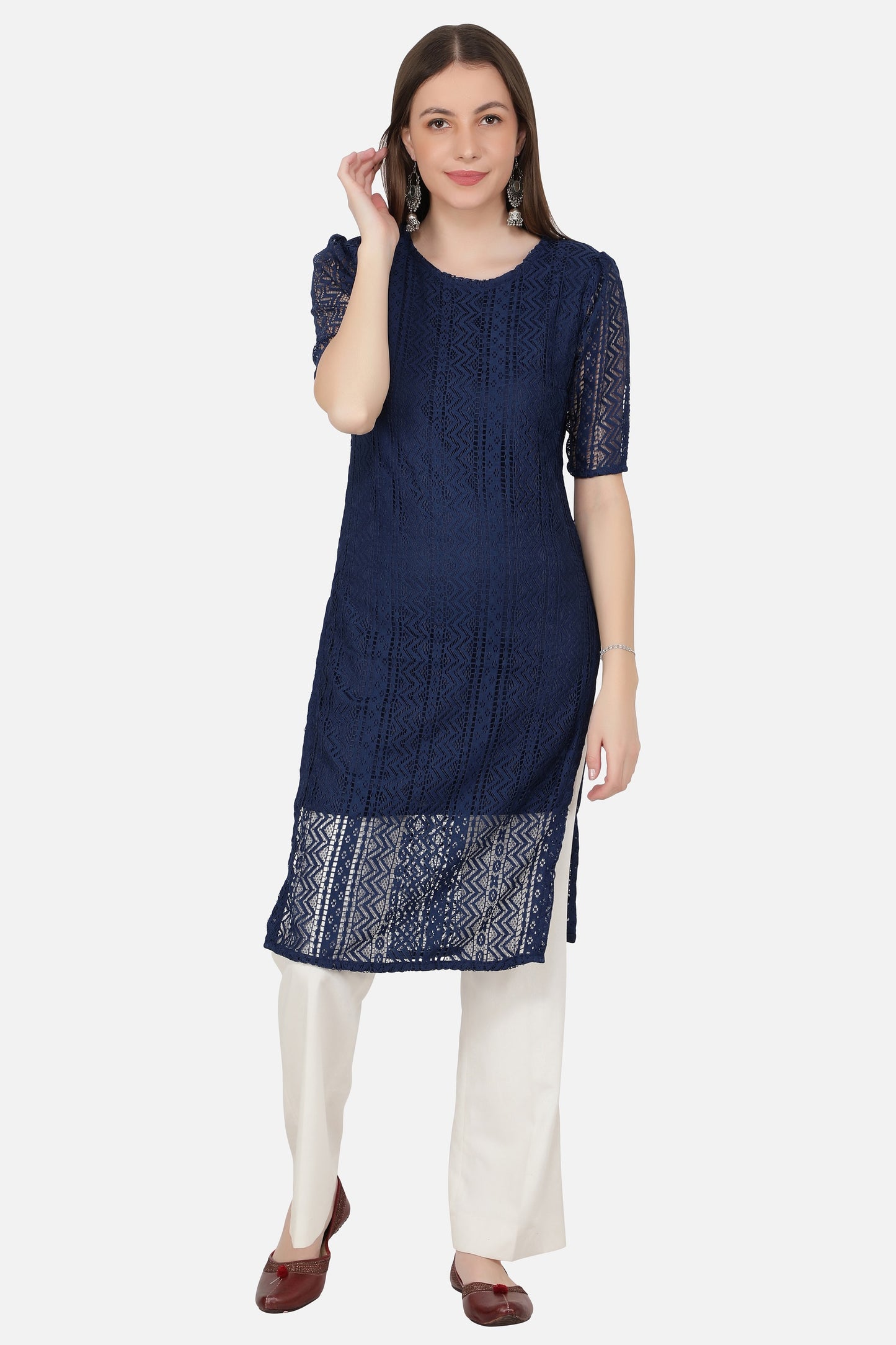 Women Printed Cotton Blend Straight Kurta (Dark Blue)