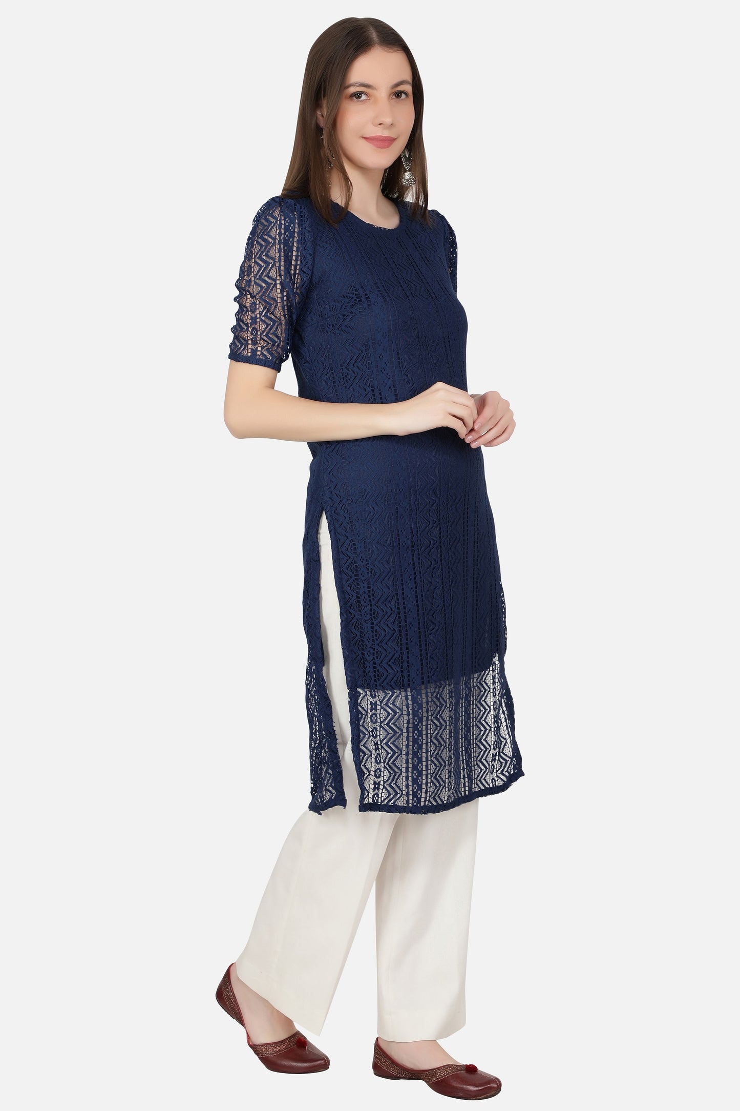 Women Printed Cotton Blend Straight Kurta (Dark Blue)
