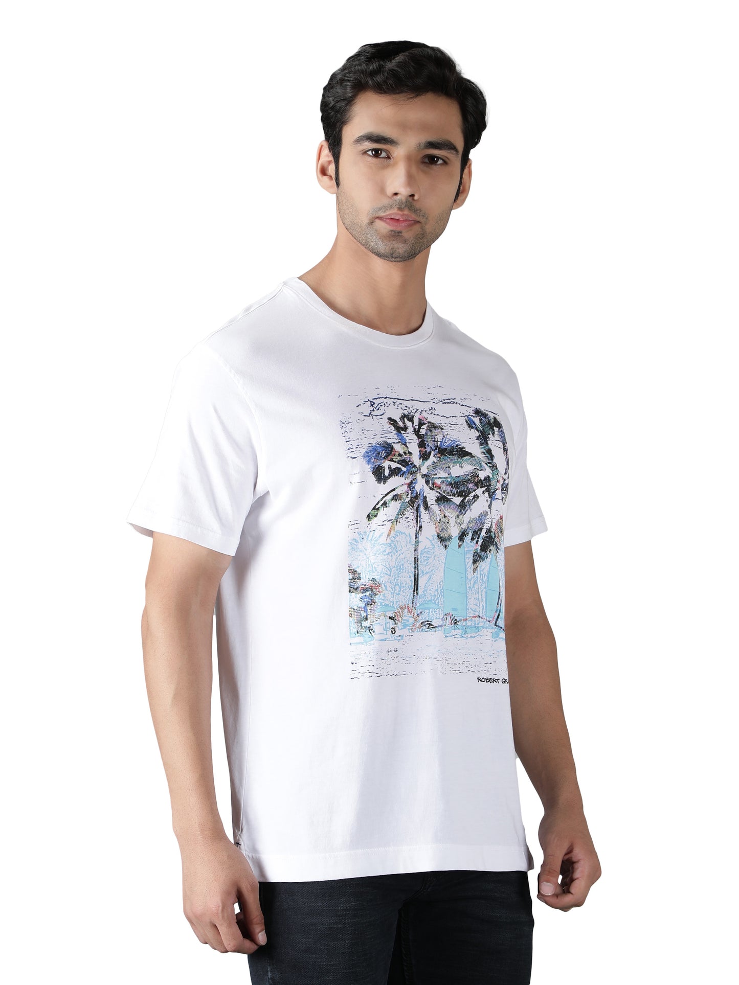 NUEVOSPORTA Men's Cotton Graphic Printed White T-Shirt